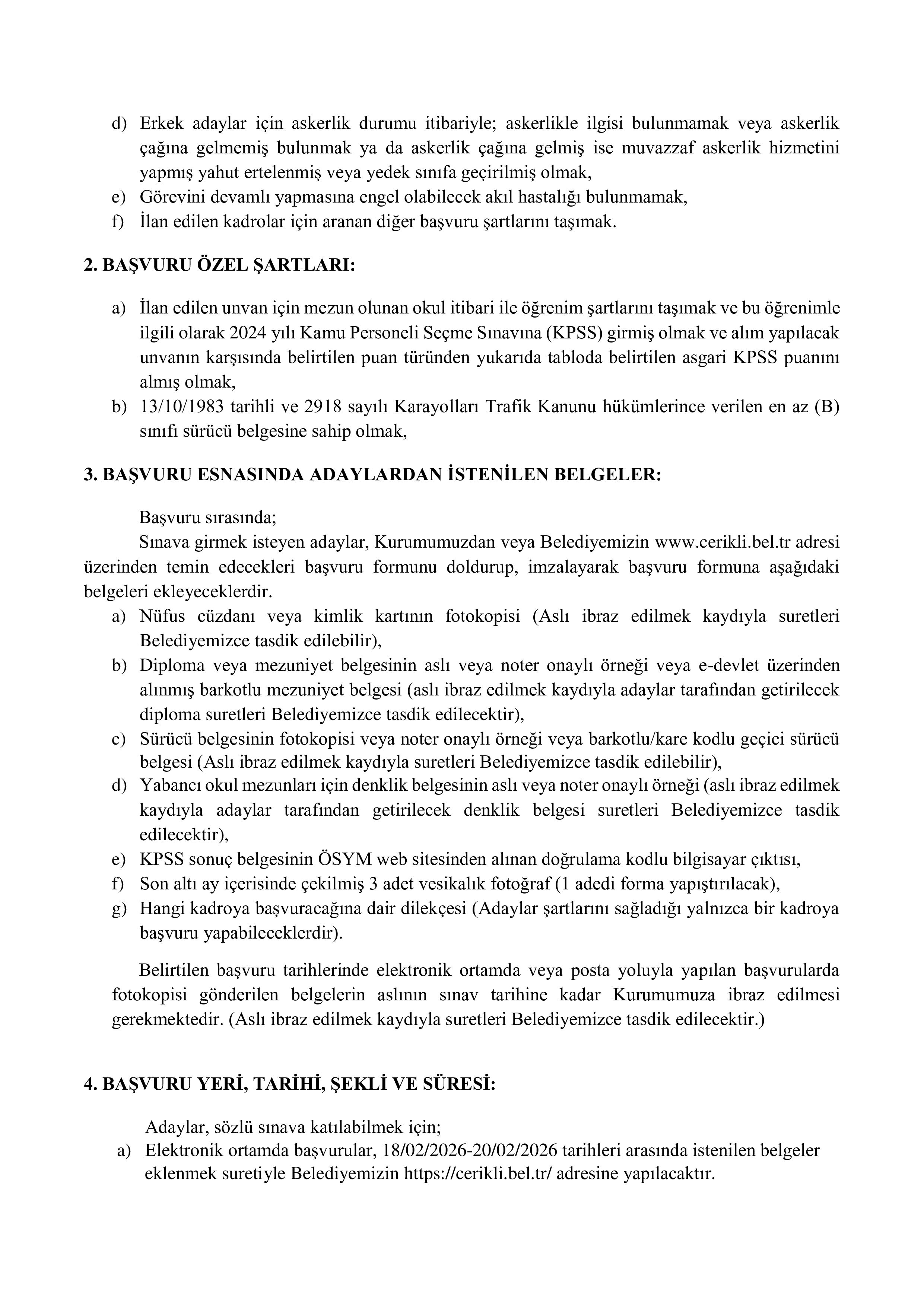 ÇERİKLİ BELEDİYE BAŞKANLIĞI 2 MEMUR ALACAK ( 18 Şubat - 20 Şubat) İlan İçeriği Sayfa 2