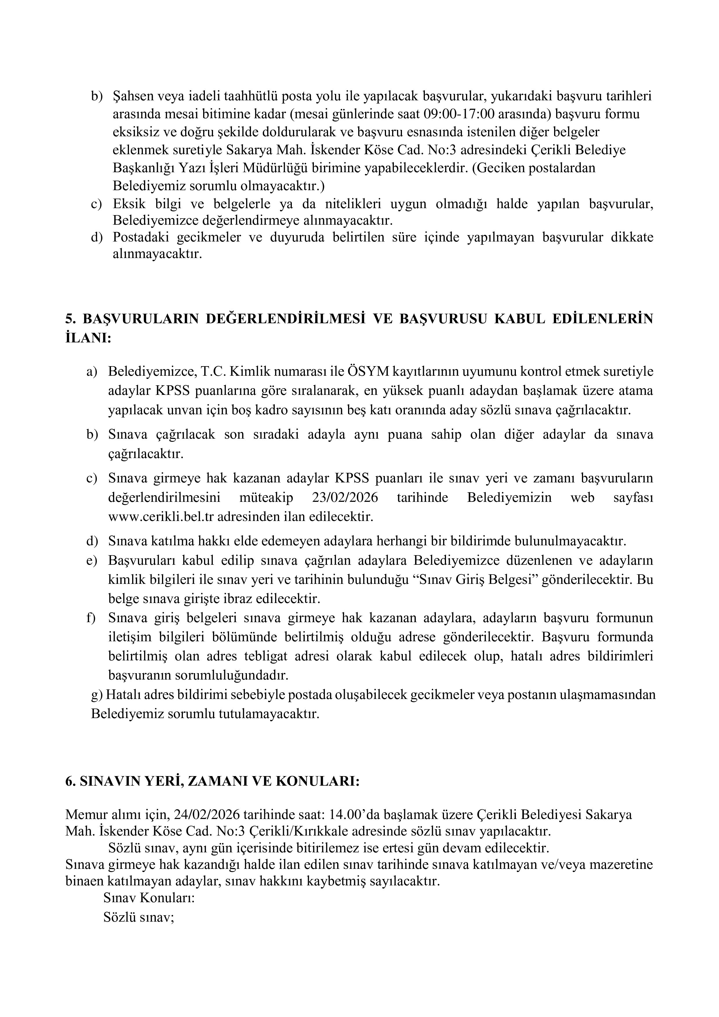 ÇERİKLİ BELEDİYE BAŞKANLIĞI 2 MEMUR ALACAK ( 18 Şubat - 20 Şubat) İlan İçeriği Sayfa 3