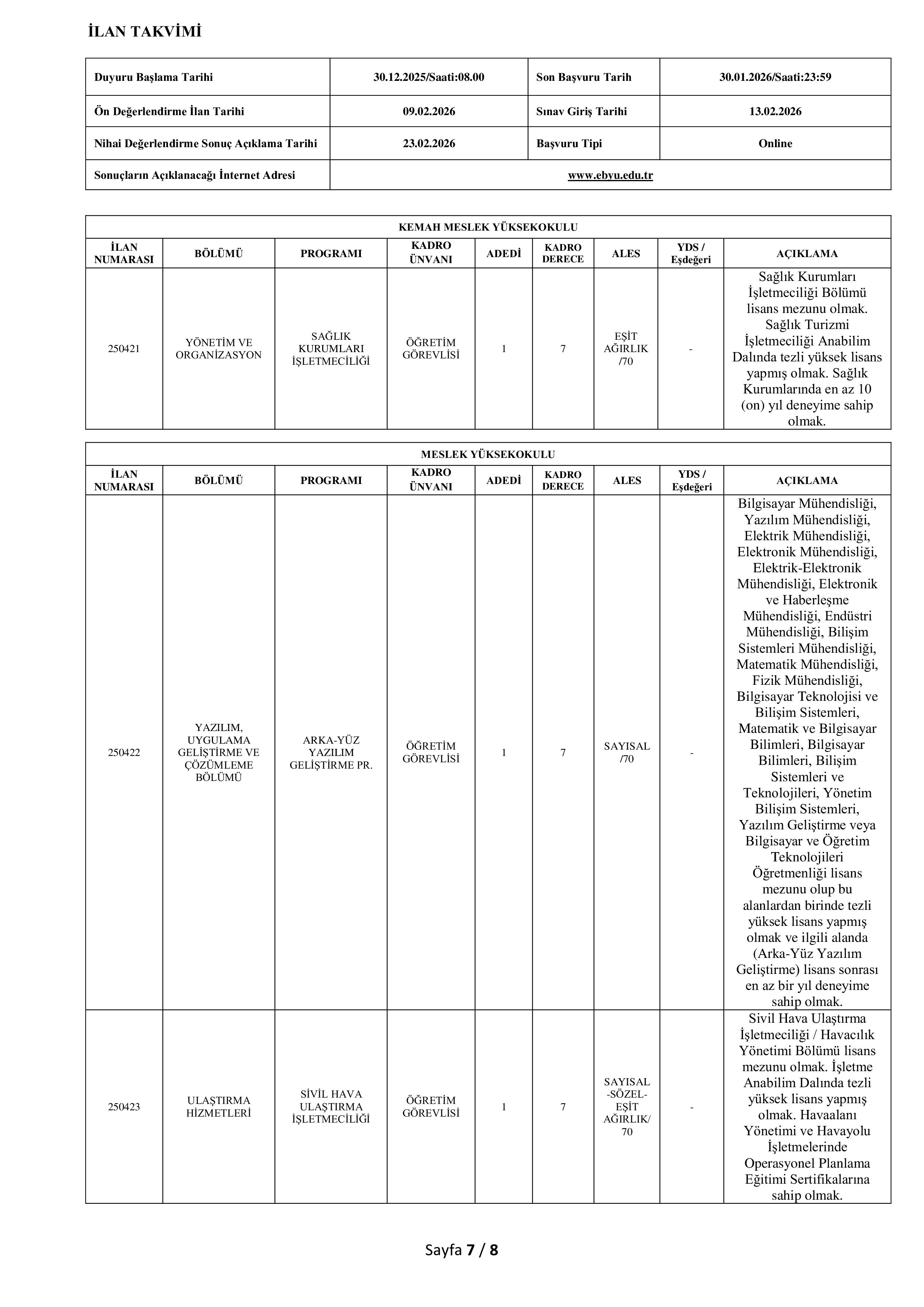 İlan İçeriği Sayfa 7 ERZİNCAN BİNALİ YILDIRIM ÜNİVERSİTESİ 26 ÖĞRETİM ELEMANI ALACAK ( 30 Aralık - 30 Ocak) İlan İçeriği Sayfa 7