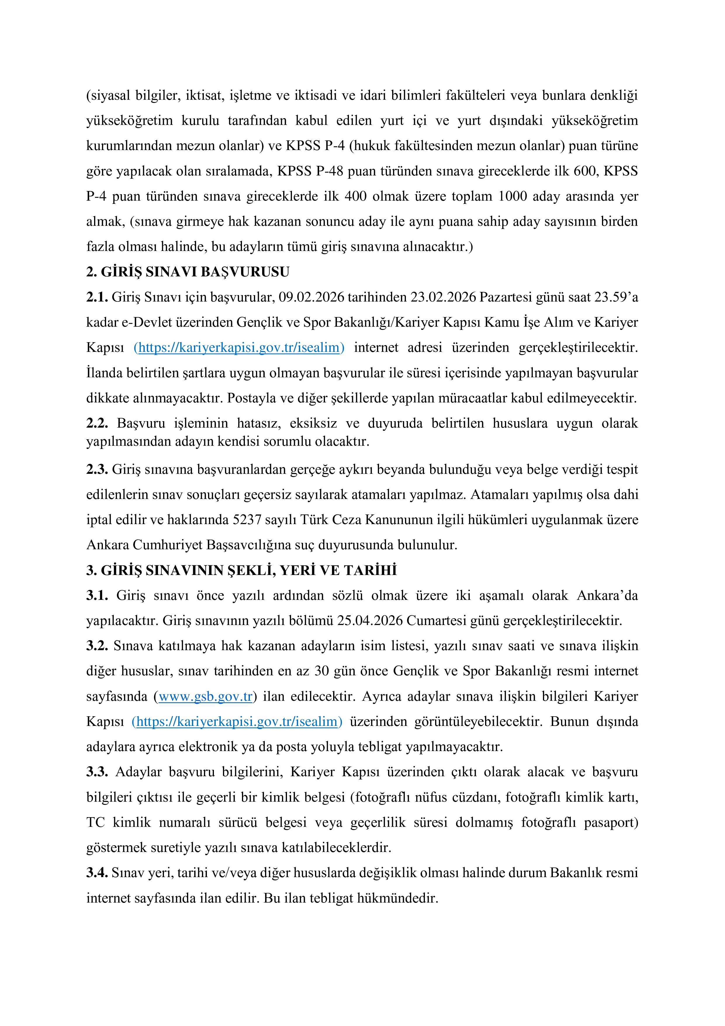 GENÇLİK VE SPOR BAKANLIĞI 50 MÜFETTİŞ YARDIMCISI ALACAK ( 9 Şubat - 23 Şubat) İlan İçeriği Sayfa 2