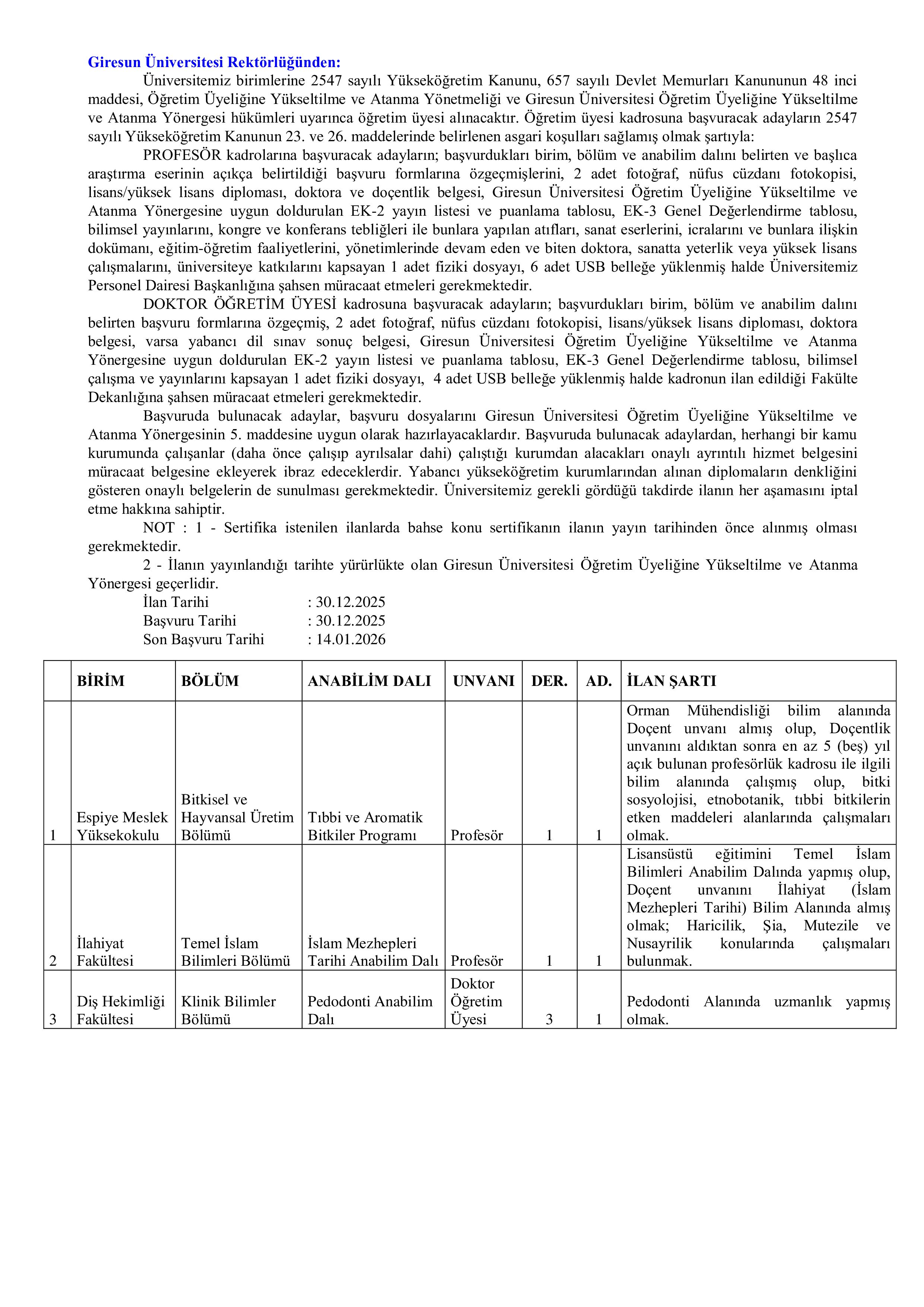 GİRESUN ÜNİVERSİTESİ 3 ÖĞRETİM ÜYESİ ALACAK ( 30 Aralık - 14 Ocak) İlan İçeriği Sayfa 1