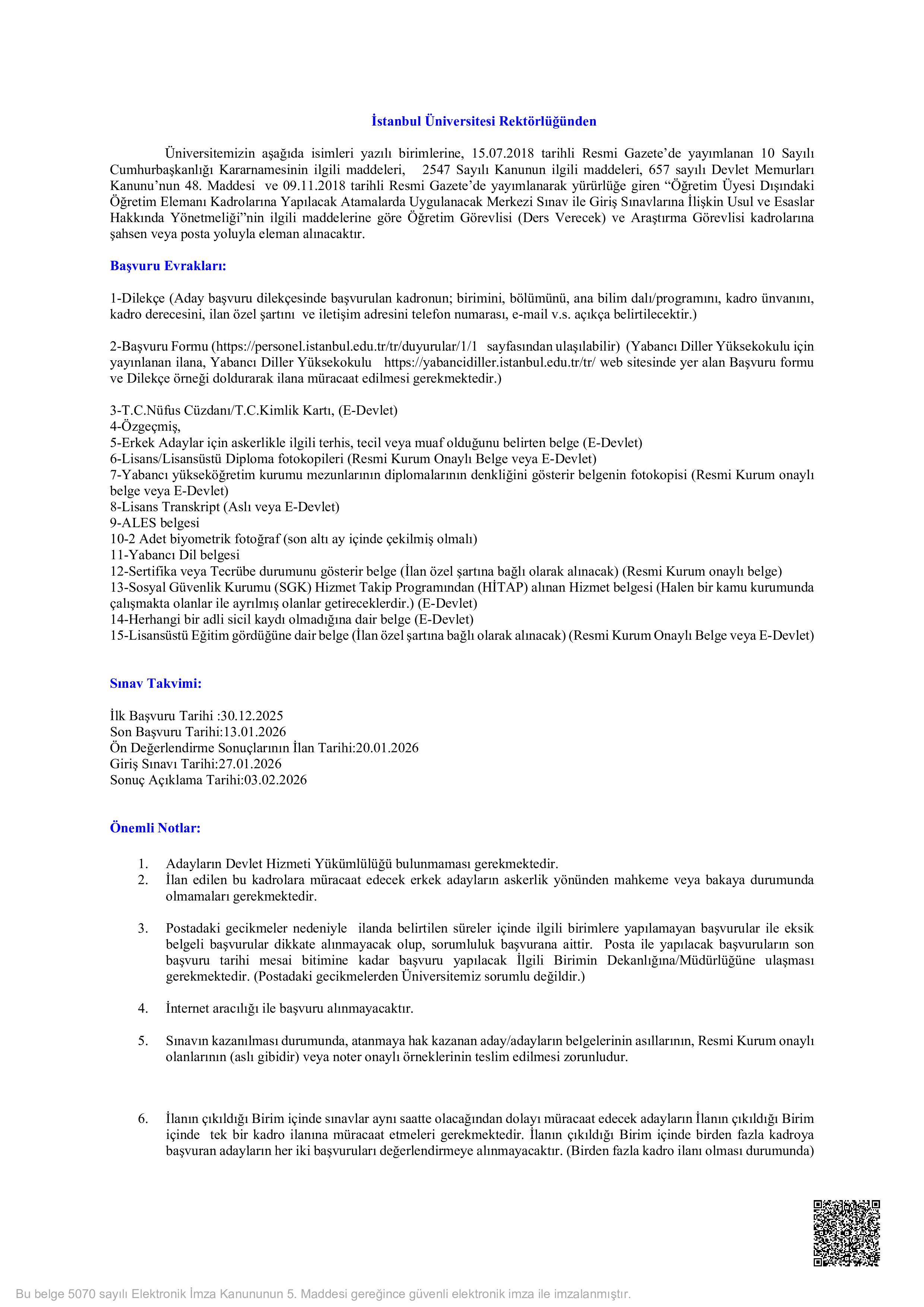 İSTANBUL ÜNİVERSİTESİ 5 ÖĞRETİM ÜYESİ DIŞINDAKİ ÖĞRETİM ELEMANI ALACAK  ( 30 Aralık - 13 Ocak) İlan İçeriği Sayfa 1