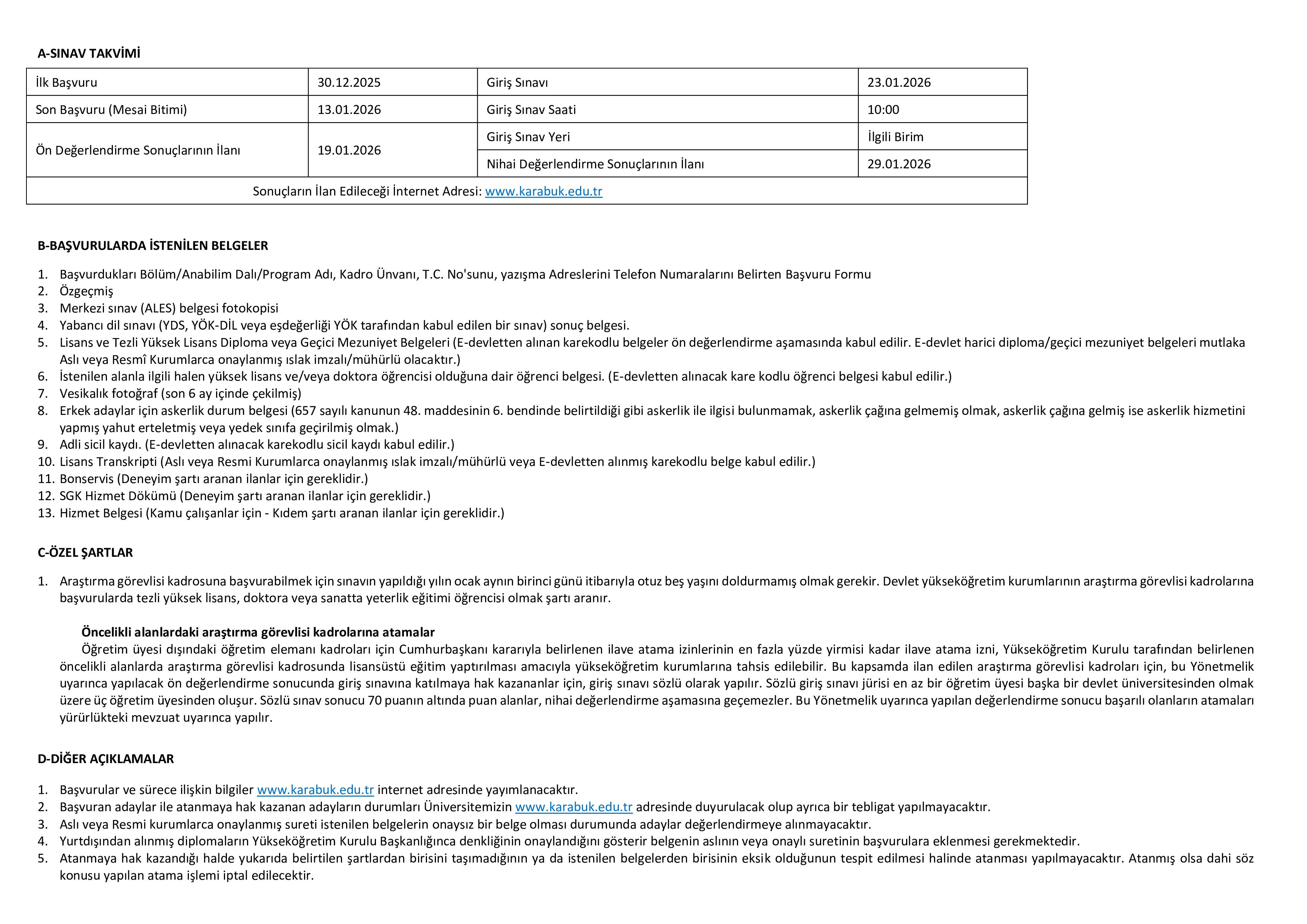 İlan İçeriği Sayfa 2 KARABÜK ÜNİVERSİTESİ 50 ÖĞRETİM ÜYESİ ALACAK ( 30 Aralık - 15 Ocak) İlan İçeriği Sayfa 2