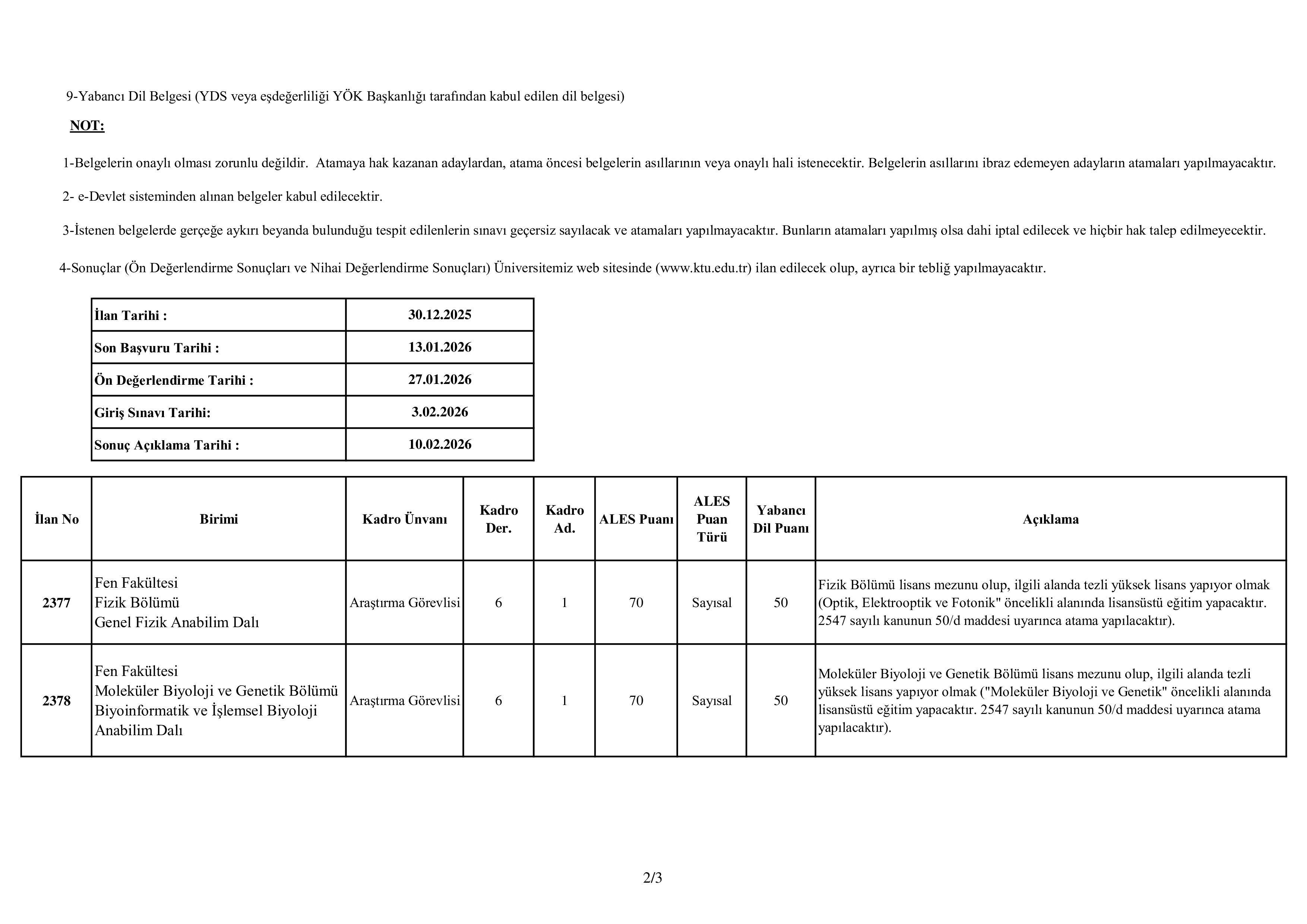 KARADENİZ TEKNİK ÜNİVERSİTESİ 2 ÖĞRETİM ELEMANI ALACAK ( 30 Aralık - 13 Ocak) İlan İçeriği Sayfa 2