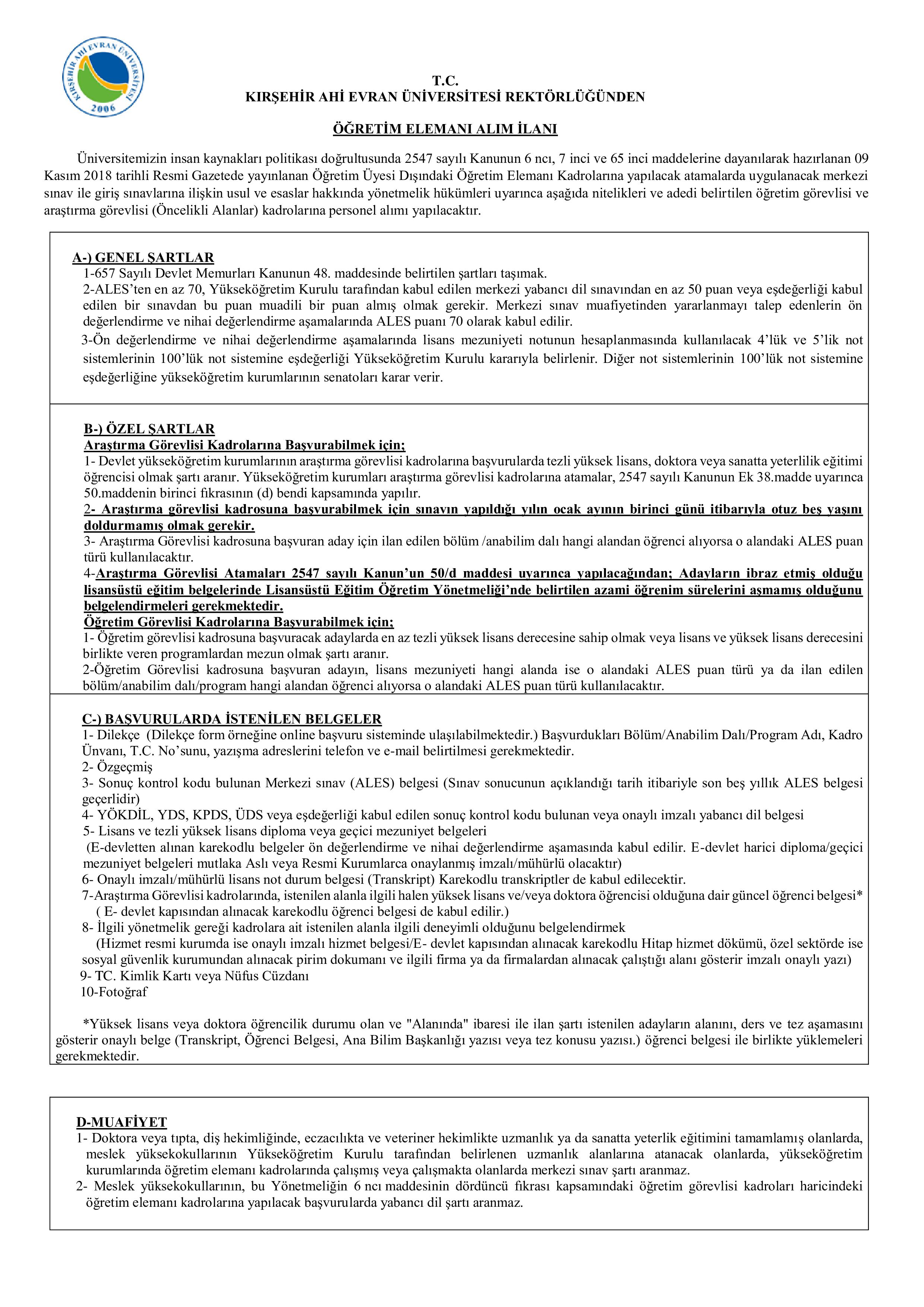 KIRŞEHİR AHİ EVRAN ÜNİVERSİTESİ 5 ÖĞRETİM ELEMANI ALACAK ( 30 Aralık - 13 Ocak) İlan İçeriği Sayfa 1