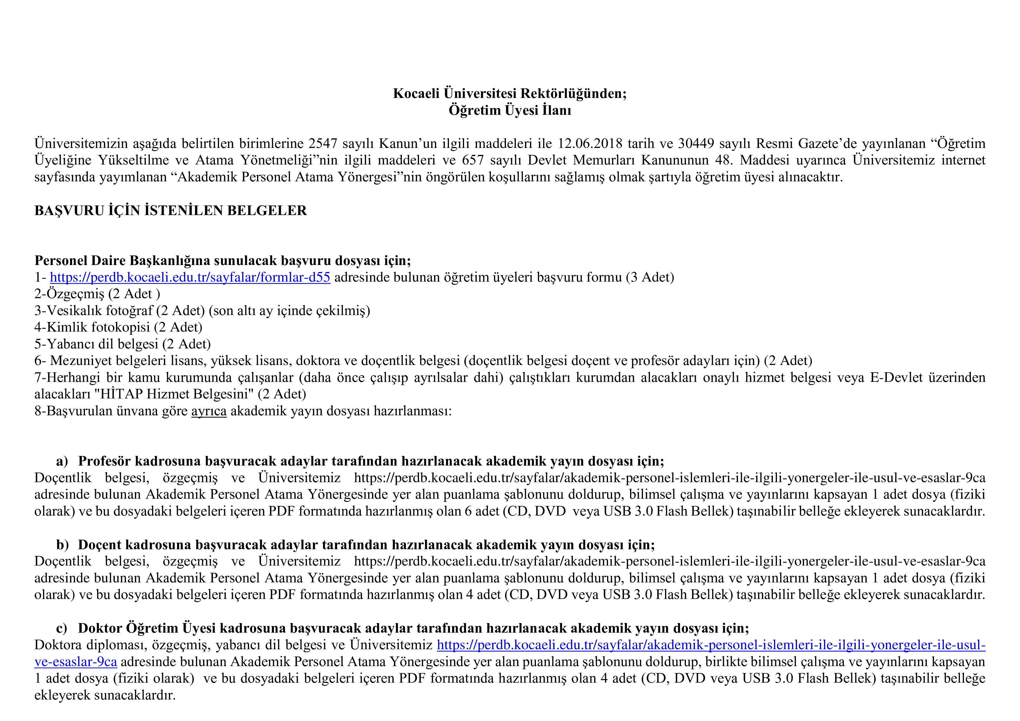 KOCAELİ ÜNİVERSİTESİ 40 ÖĞRETİM ÜYESİ ALACAK ( 30 Aralık - 13 Ocak) İlan İçeriği Sayfa 1