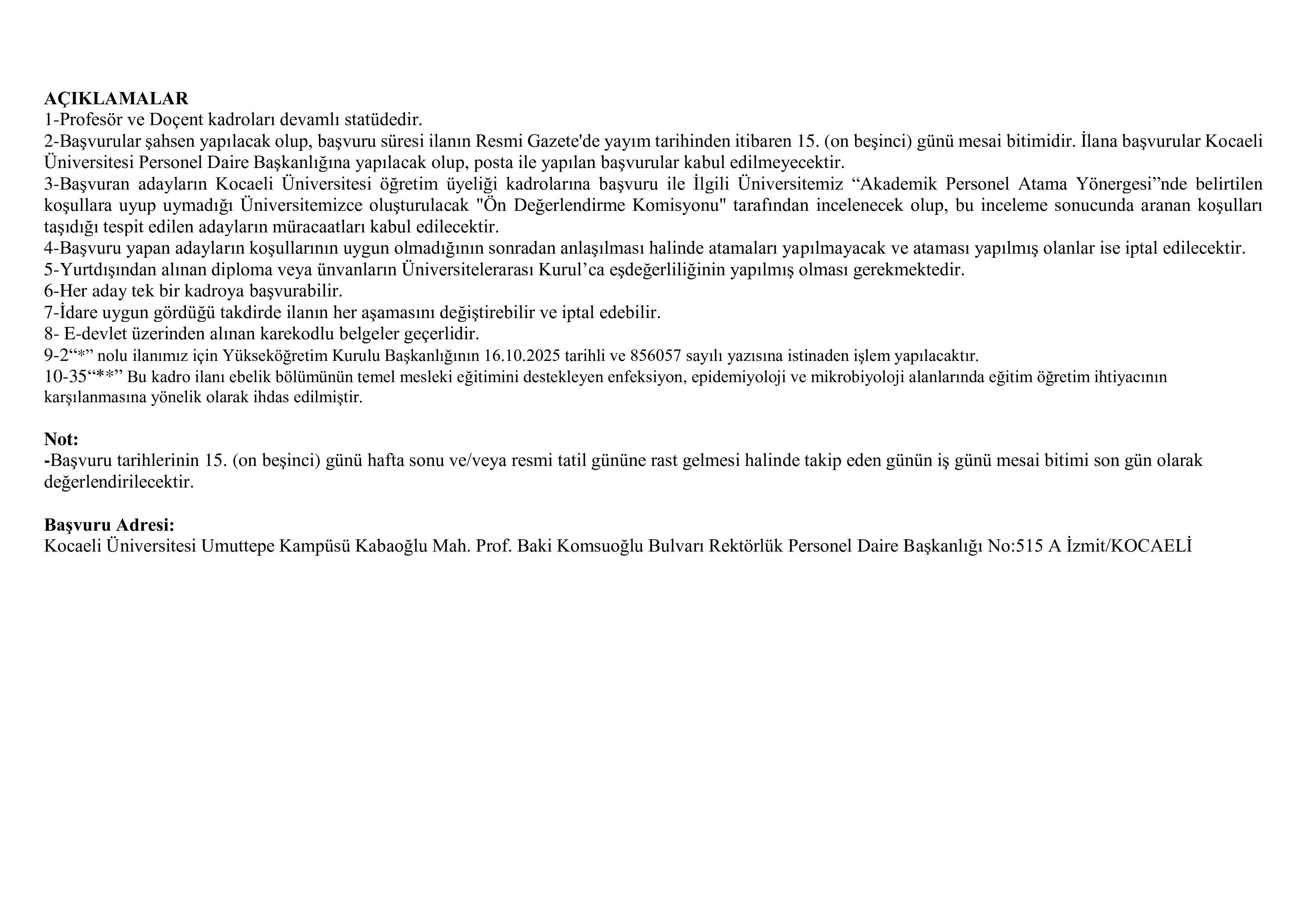 KOCAELİ ÜNİVERSİTESİ 40 ÖĞRETİM ÜYESİ ALACAK ( 30 Aralık - 13 Ocak) İlan İçeriği Sayfa 2