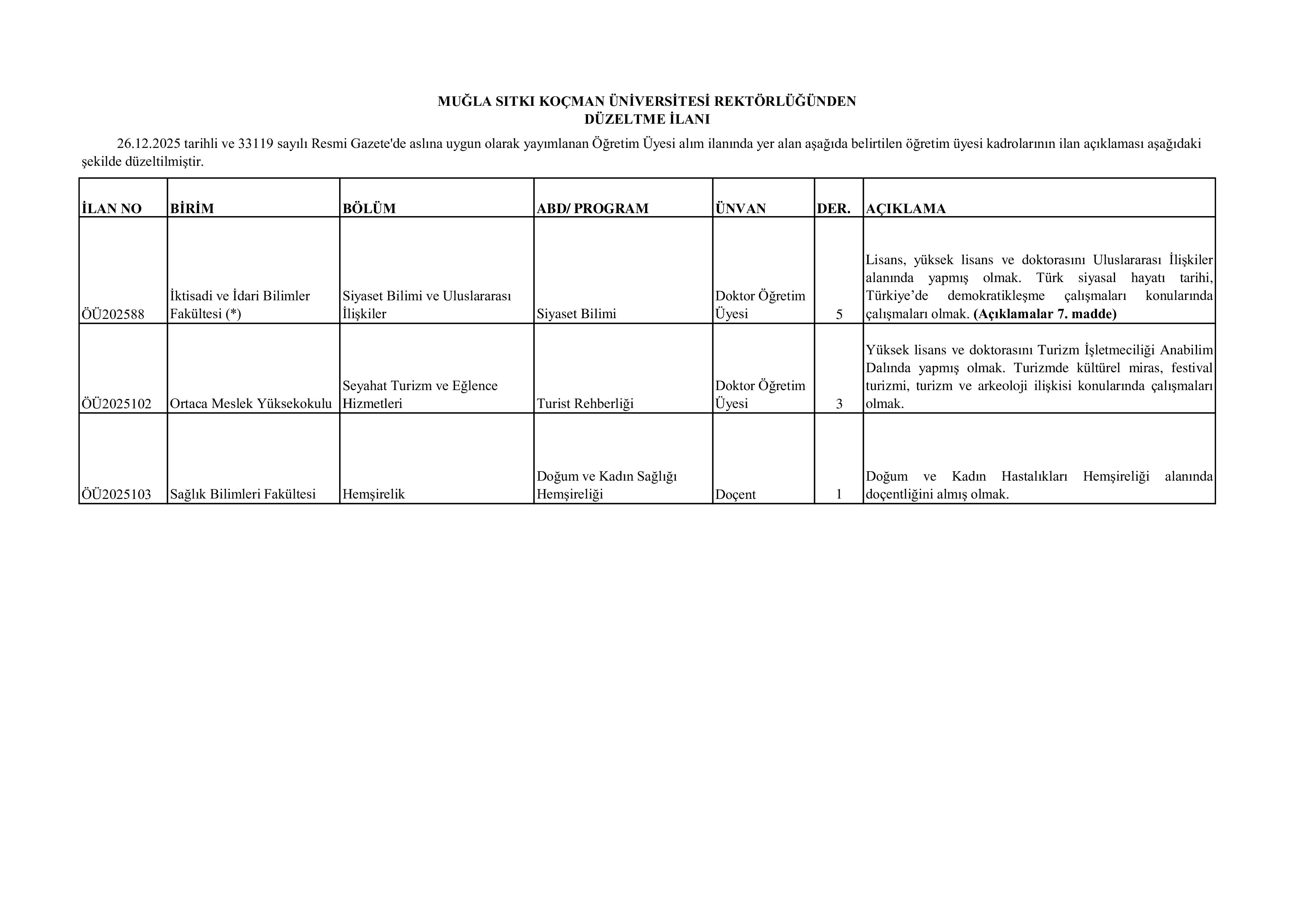 MUĞLA SITKI KOÇMAN ÜNİVERSİTESİ DÜZELTME İLANI ( 30 Aralık - 12 Ocak) İlan İçeriği Sayfa 1