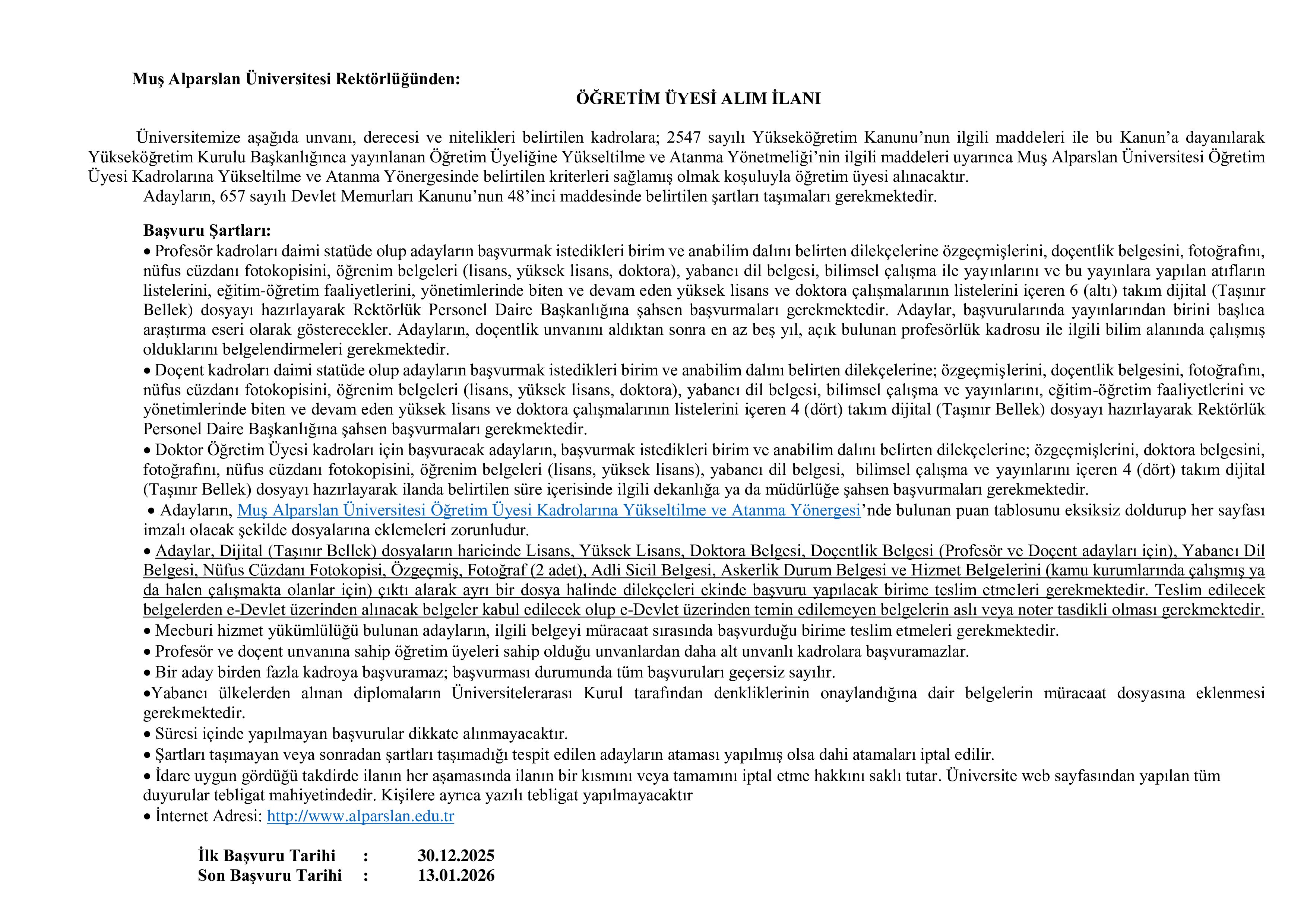 İlan İçeriği Sayfa 1 MUŞ ALPARSLAN ÜNİVERSİTESİ 39 ÖĞRETİM ELEMANI ALACAK ( 30 Aralık - 13 Ocak) İlan İçeriği Sayfa 1