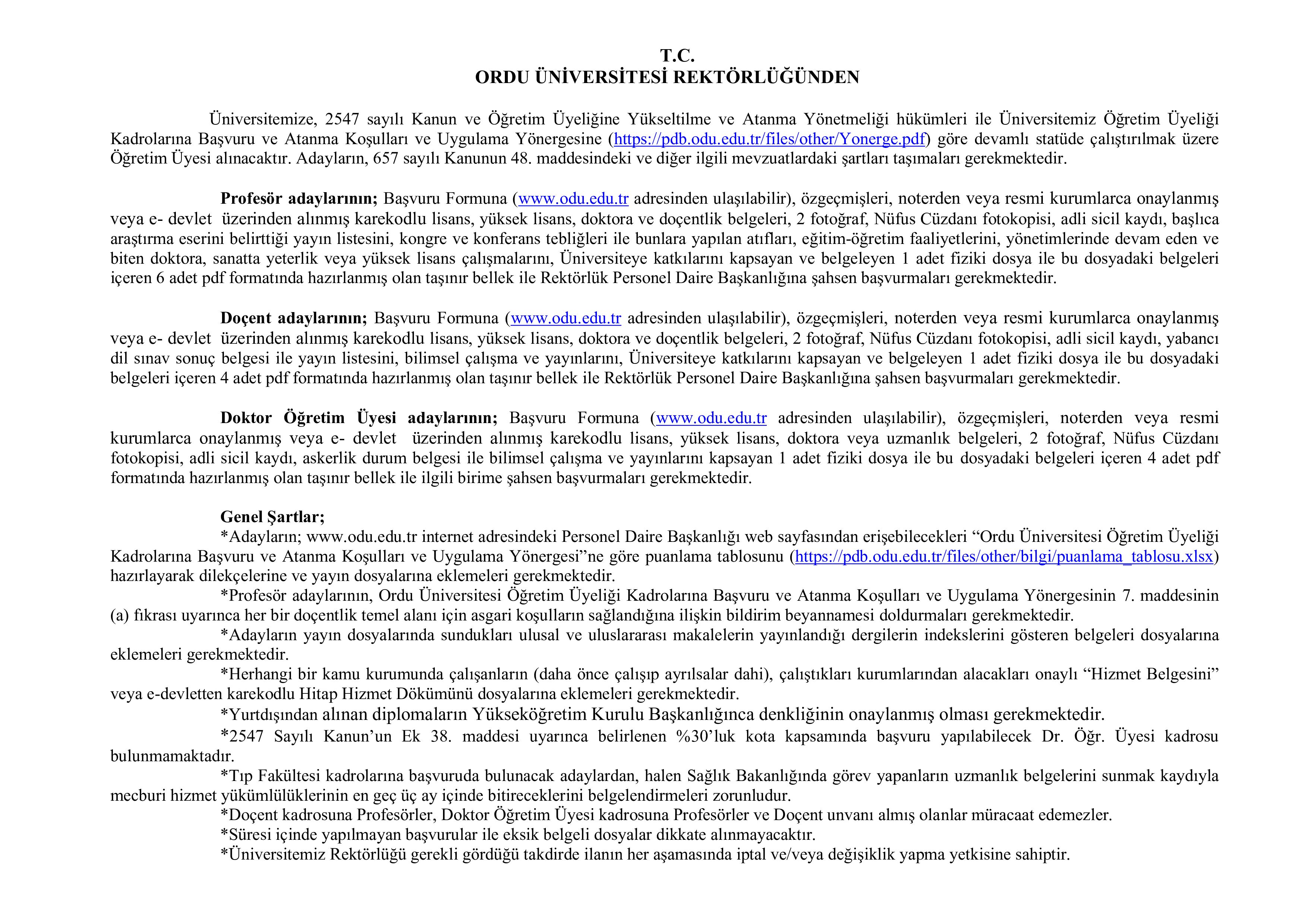 ORDU ÜNİVERSİTESİ 21 ÖĞRETİM ÜYESİ ALACAK ( 30 Aralık - 13 Ocak) İlan İçeriği Sayfa 1