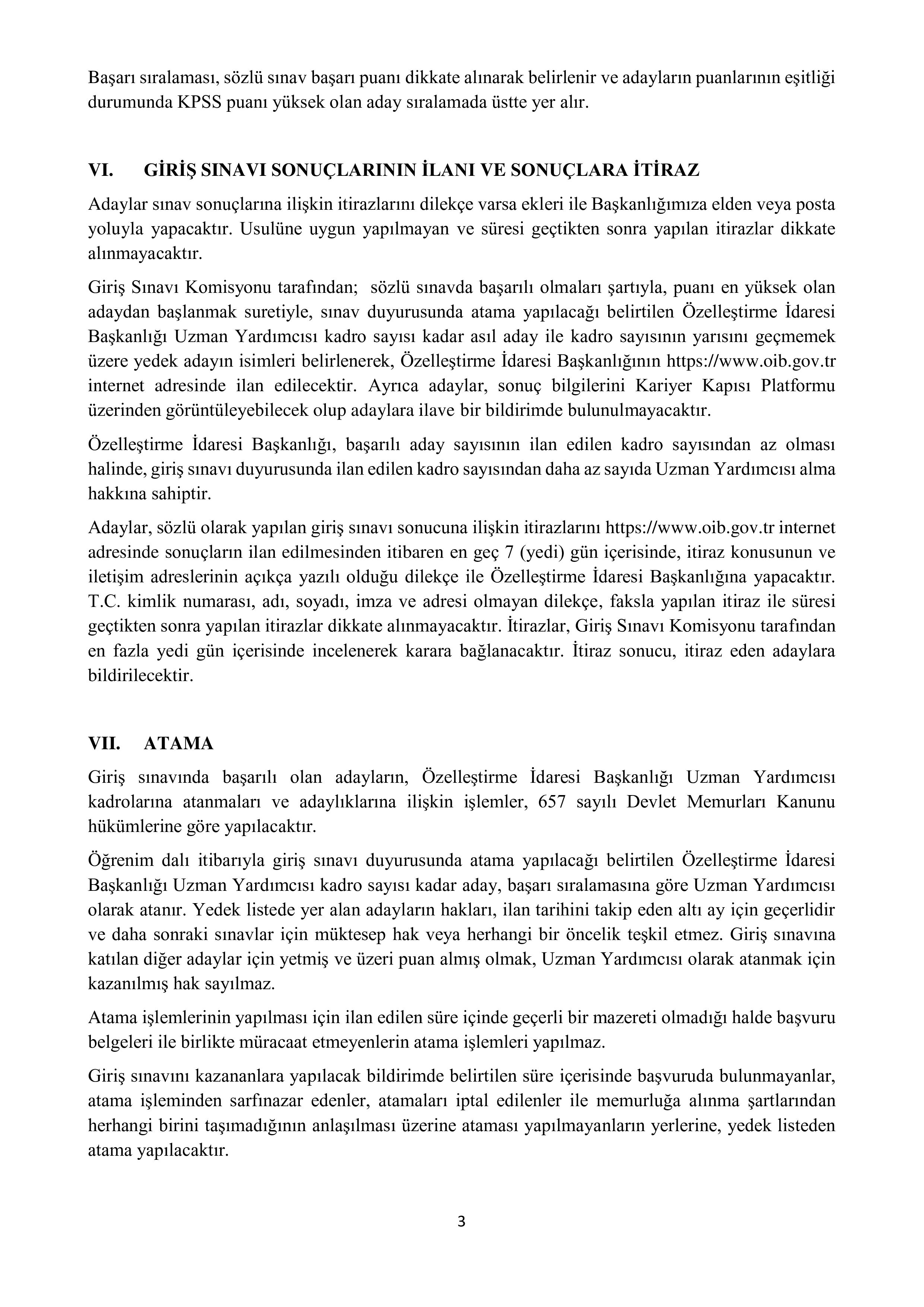 ÖZELLEŞTİRME İDARESİ BAŞKANLIĞI 10 UZMAN YARDIMCISI ALACAK ( 3 Şubat - 14 Şubat) İlan İçeriği Sayfa 3