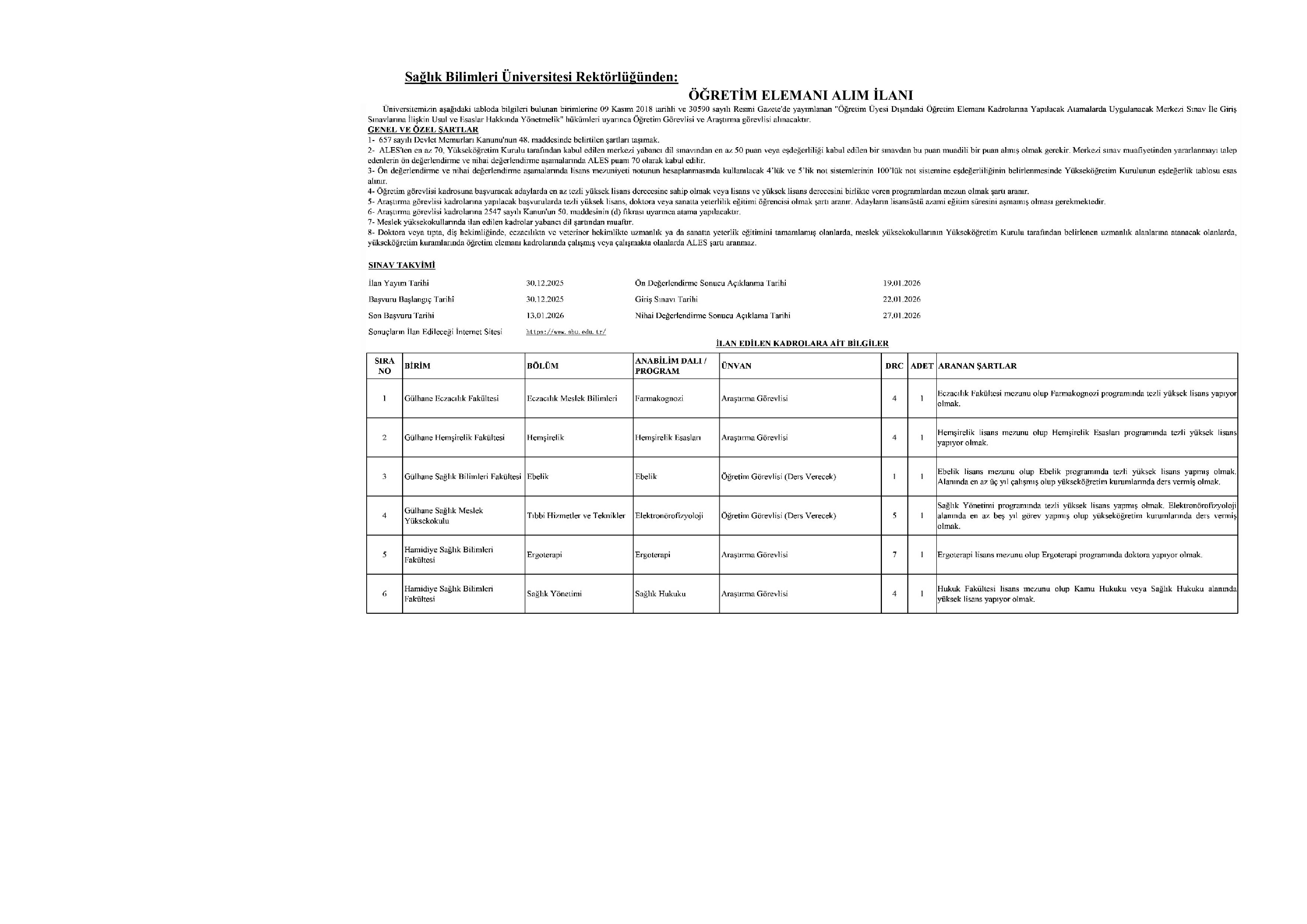 SAĞLIK BİLİMLERİ ÜNİVERSİTESİ 10 ÖĞRETİM ELEMANI ALACAK ( 30 Aralık - 13 Ocak) İlan İçeriği Sayfa 1