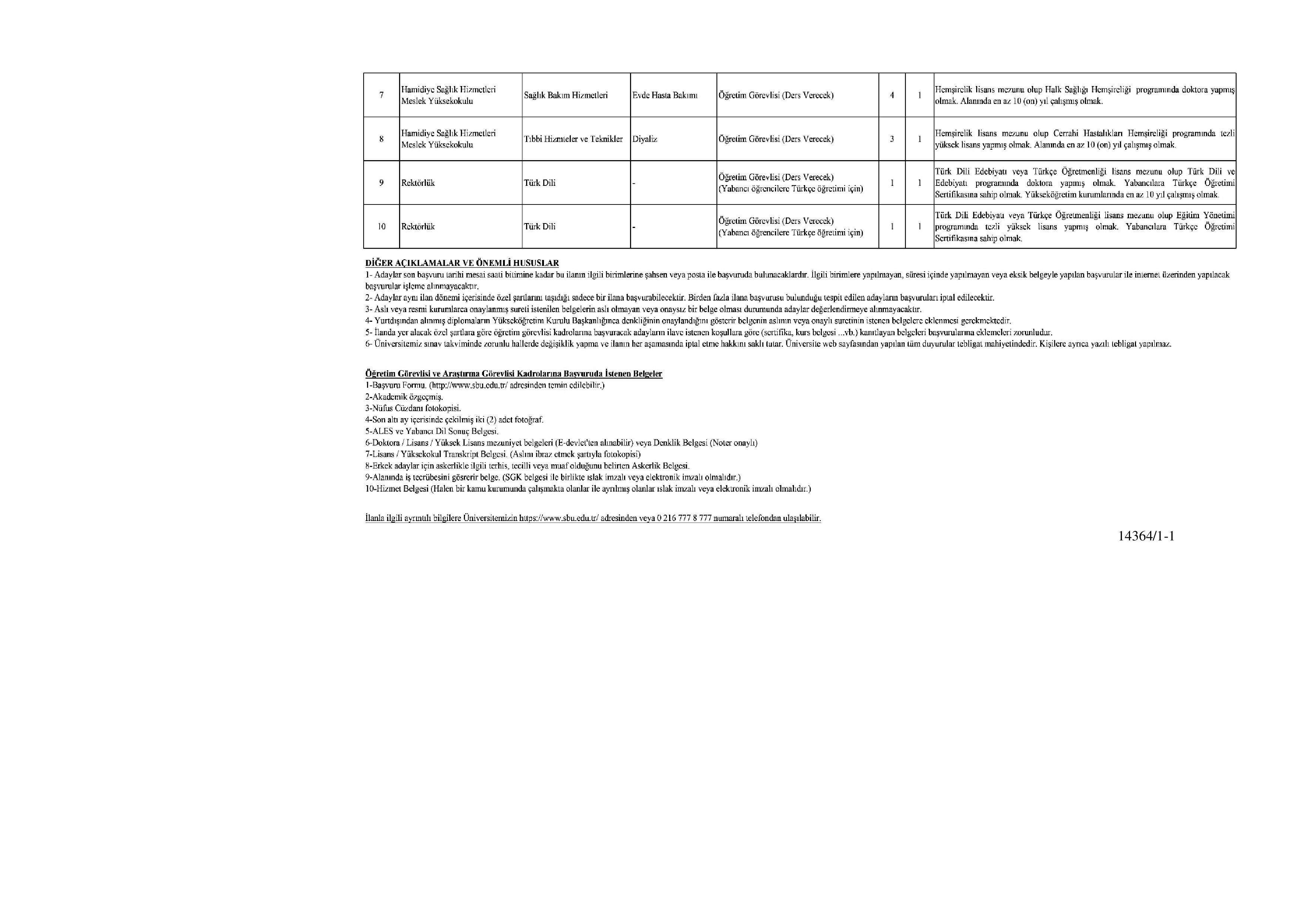 SAĞLIK BİLİMLERİ ÜNİVERSİTESİ 10 ÖĞRETİM ELEMANI ALACAK ( 30 Aralık - 13 Ocak) İlan İçeriği Sayfa 2