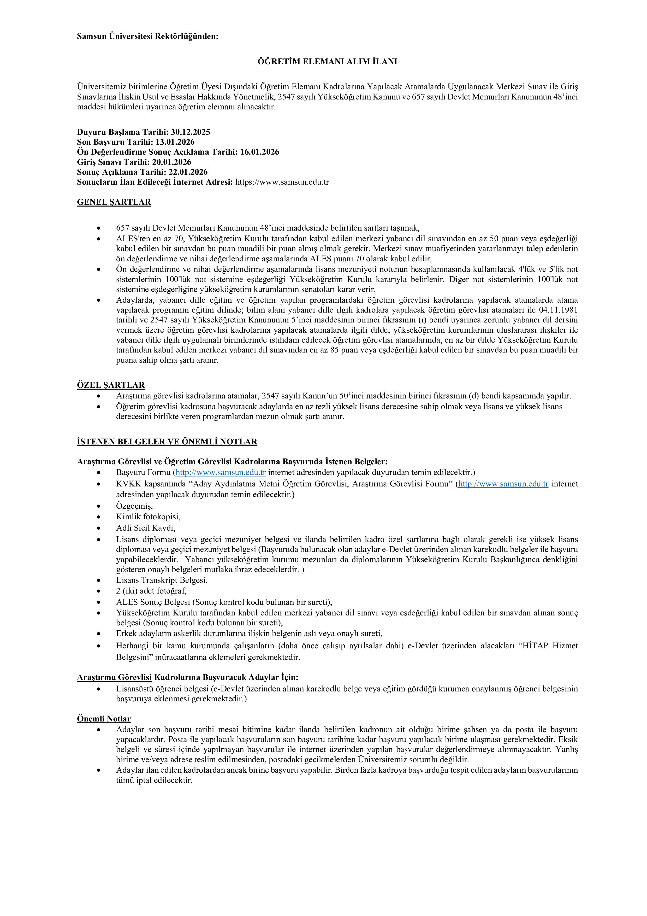 SAMSUN ÜNİVERSİTESİ 2 ÖĞRETİM ELEMANI ALACAK ( 30 Aralık - 13 Ocak) İlan İçeriği Sayfa 1