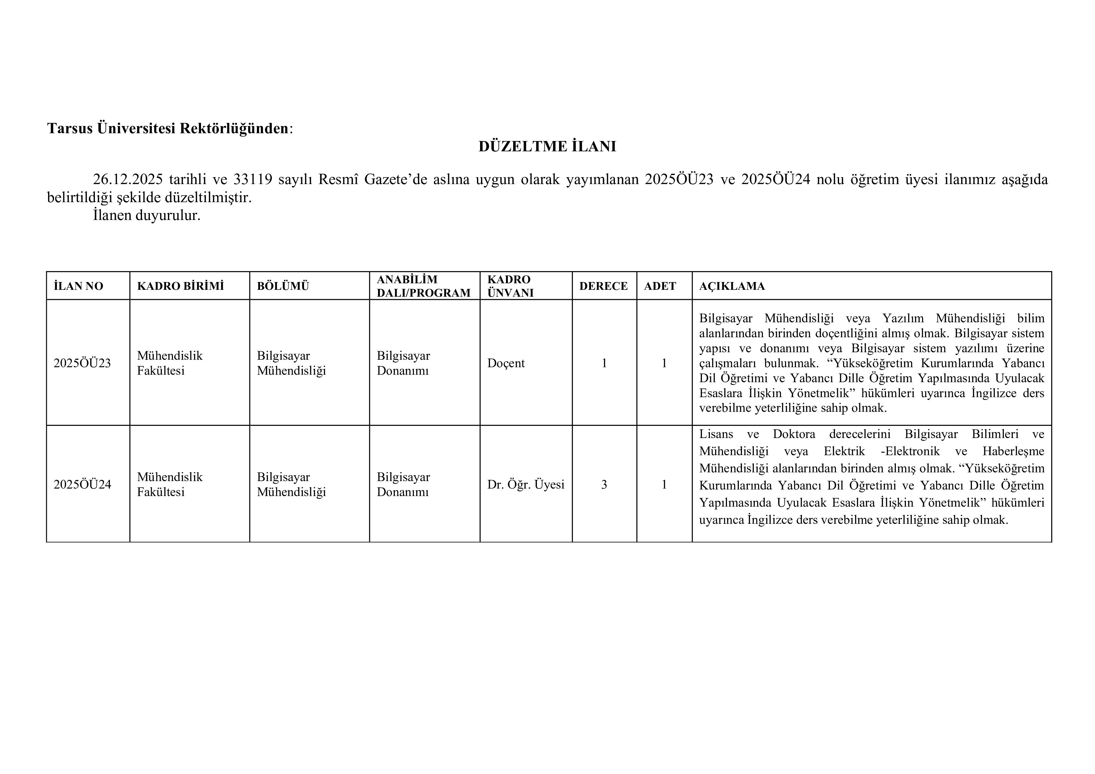TARSUS ÜNİVERSİTESİ TARSUS ÜNİVERSİTESİ DÜZELTME İLANI ( 30 Aralık - 12 Ocak) İlan İçeriği Sayfa 1