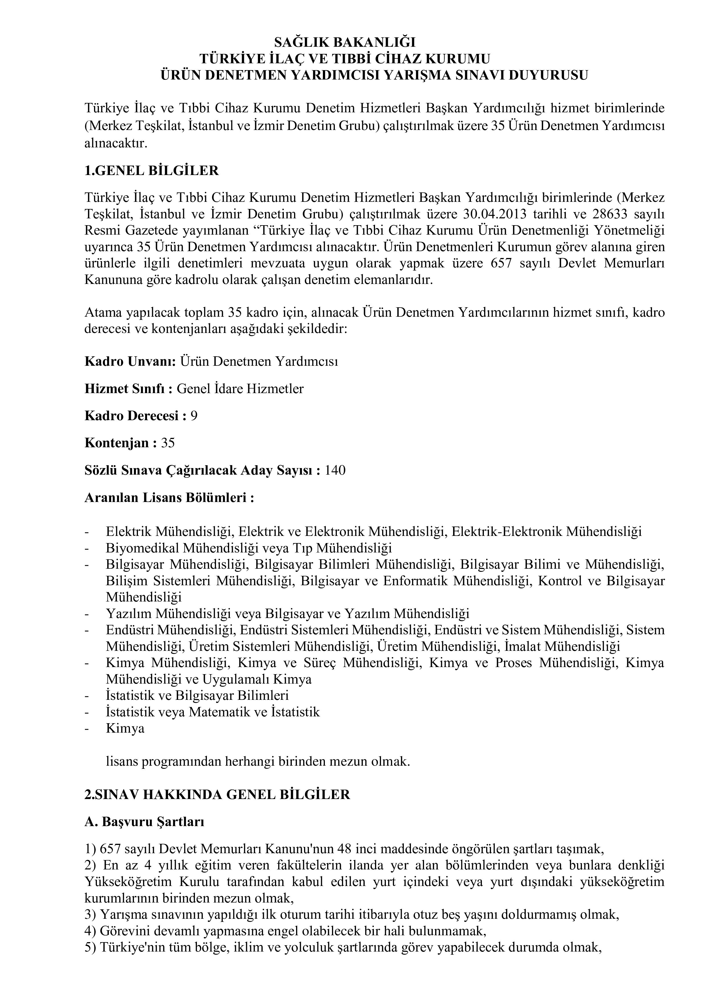 TÜRKİYE İLAÇ VE TIBBİ CİHAZ KURUMU 15 MÜFETTİŞ YARDIMCISI ALACAK ( 30 Aralık - 13 Ocak) İlan İçeriği Sayfa 1