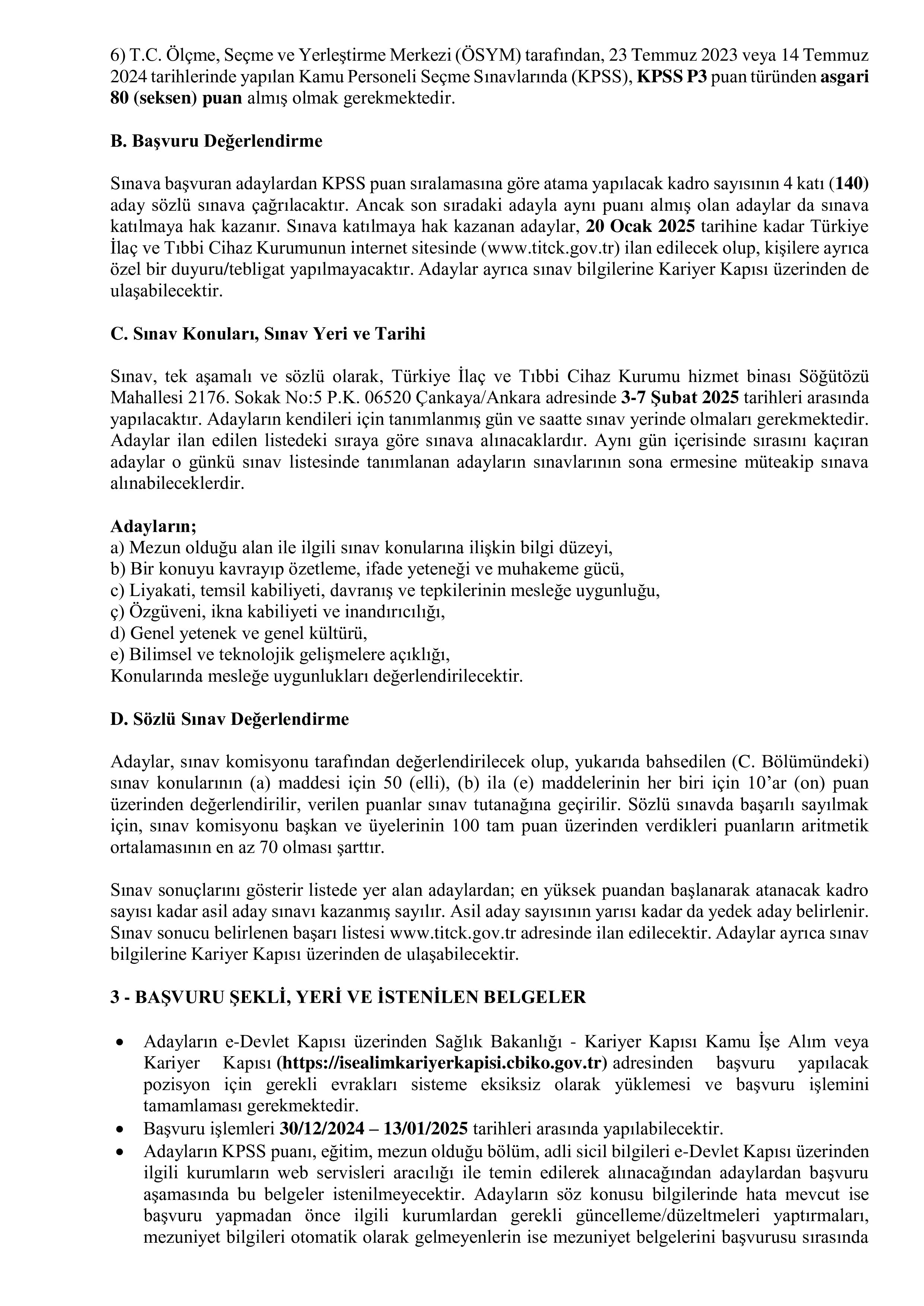 TÜRKİYE İLAÇ VE TIBBİ CİHAZ KURUMU 15 MÜFETTİŞ YARDIMCISI ALACAK ( 30 Aralık - 13 Ocak) İlan İçeriği Sayfa 2