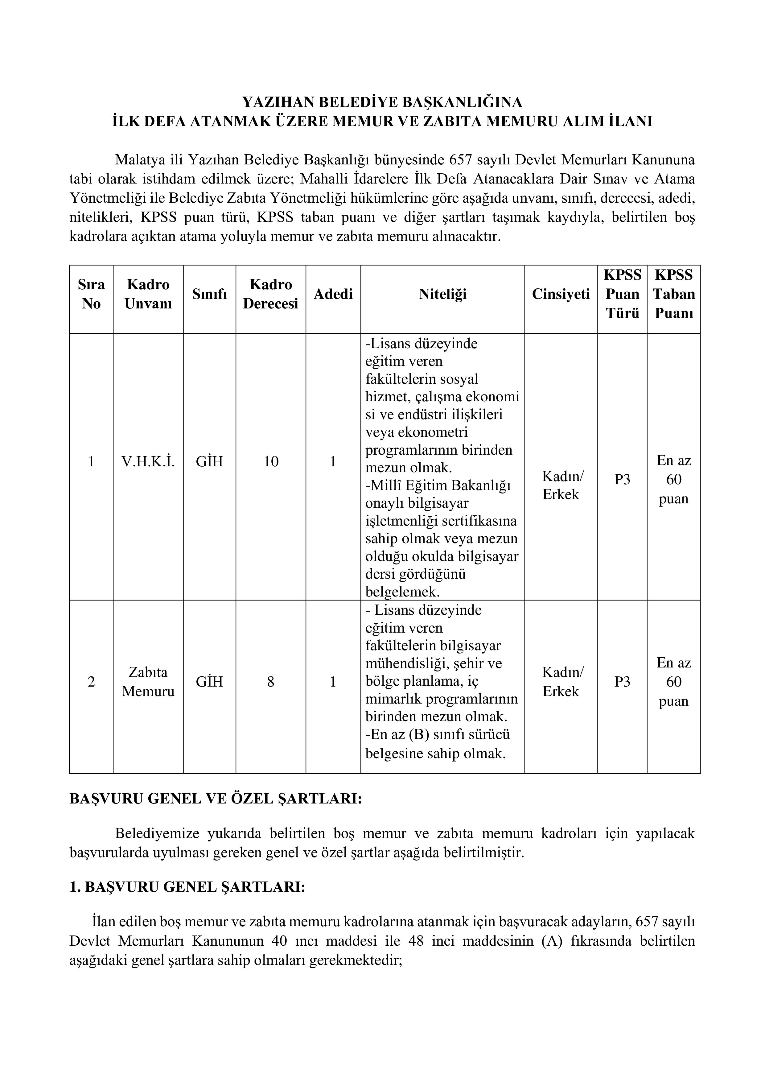 YAZIHAN BELEDİYE BAŞKANLIĞI 2 MEMUR ALACAK ( 10 Şubat - 12 Şubat) İlan İçeriği Sayfa 1