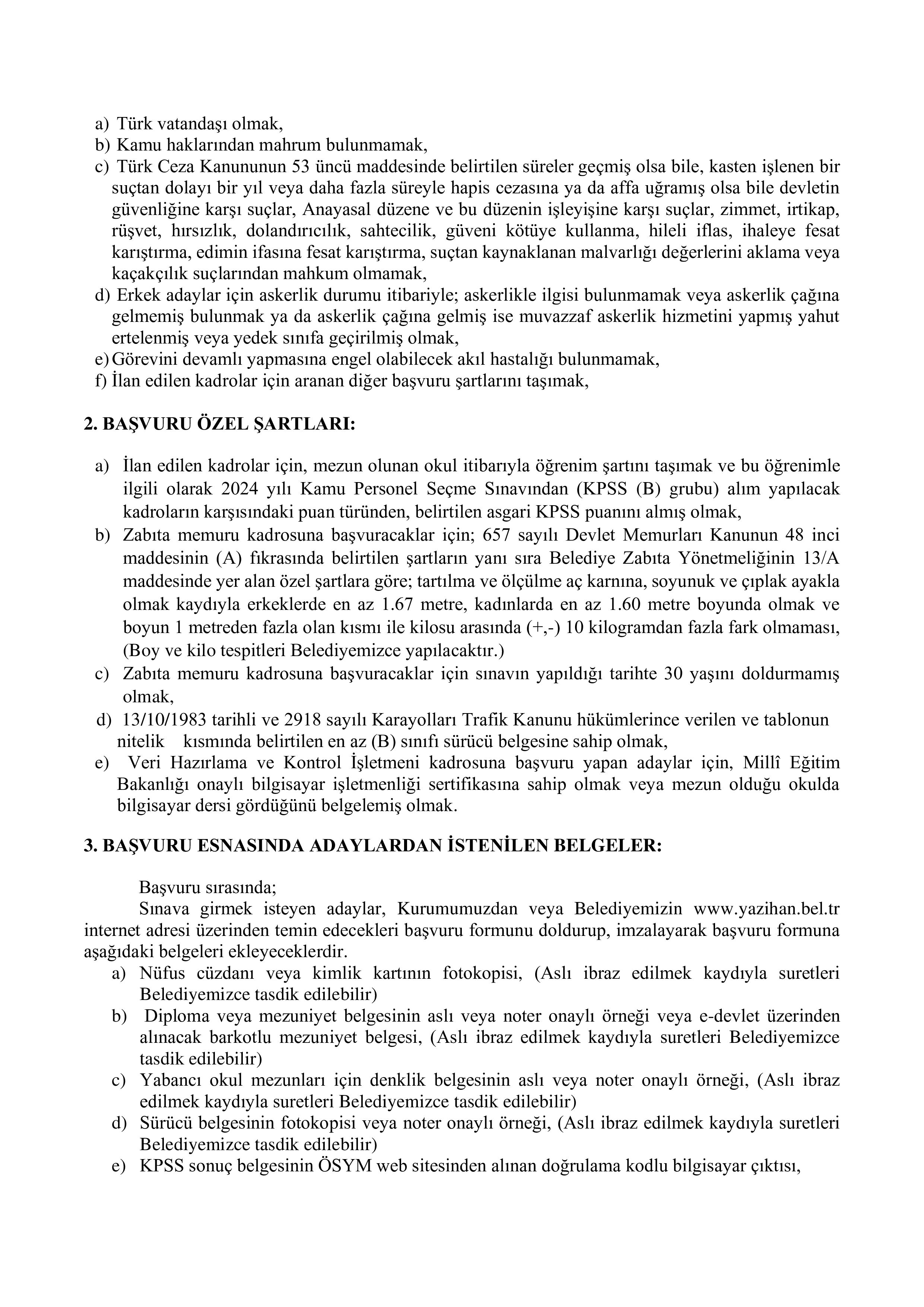 YAZIHAN BELEDİYE BAŞKANLIĞI 2 MEMUR ALACAK ( 10 Şubat - 12 Şubat) İlan İçeriği Sayfa 2