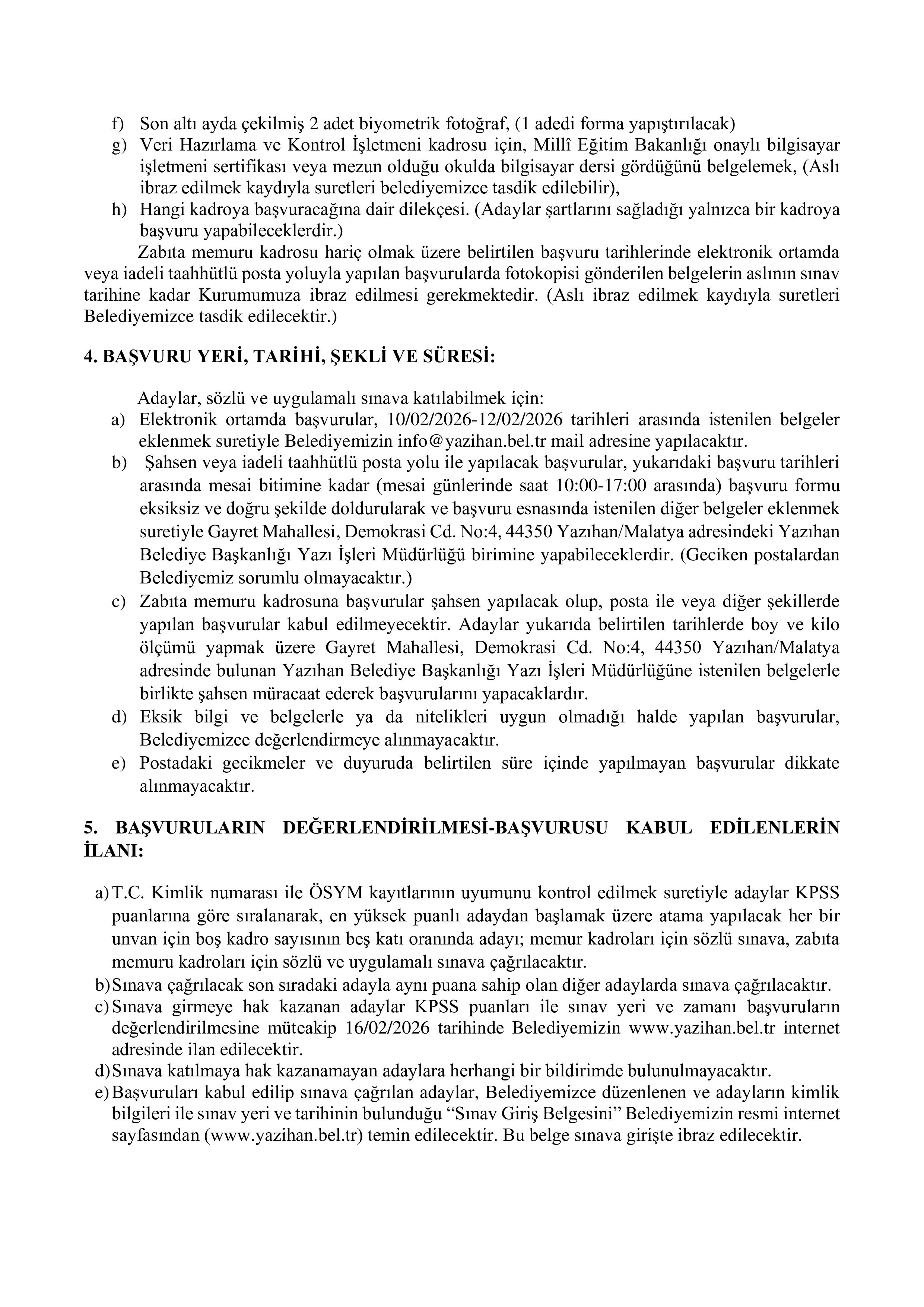 YAZIHAN BELEDİYE BAŞKANLIĞI 2 MEMUR ALACAK ( 10 Şubat - 12 Şubat) İlan İçeriği Sayfa 3