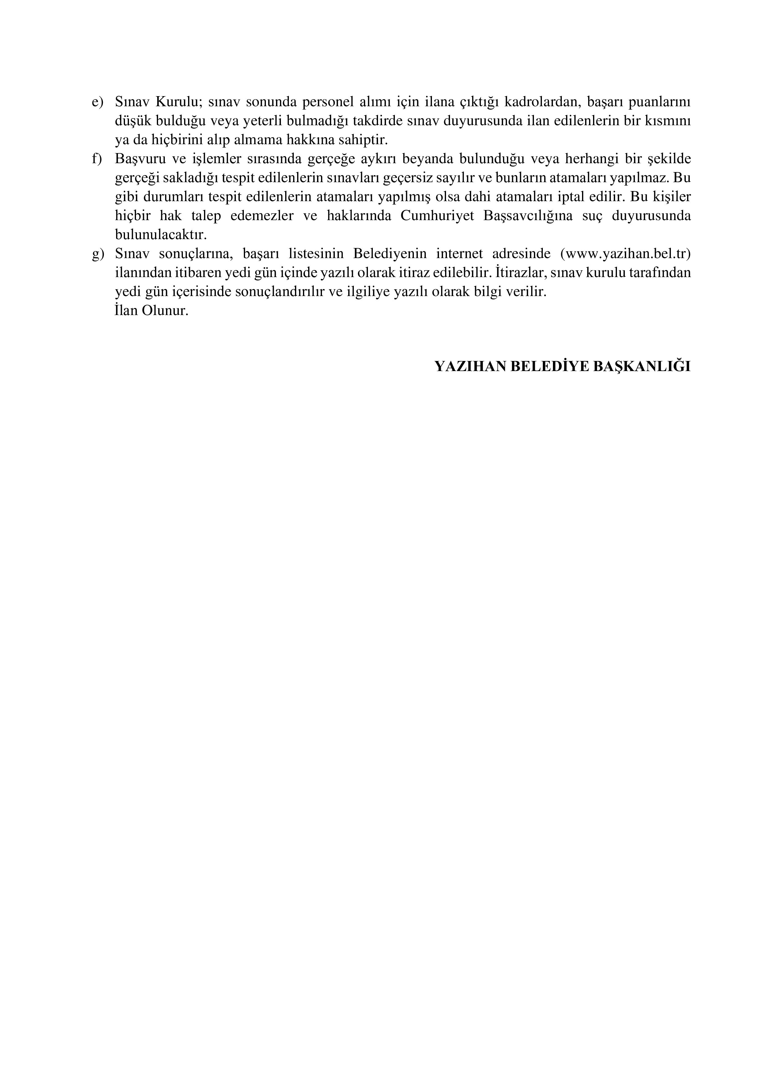 YAZIHAN BELEDİYE BAŞKANLIĞI 2 MEMUR ALACAK ( 10 Şubat - 12 Şubat) İlan İçeriği Sayfa 5