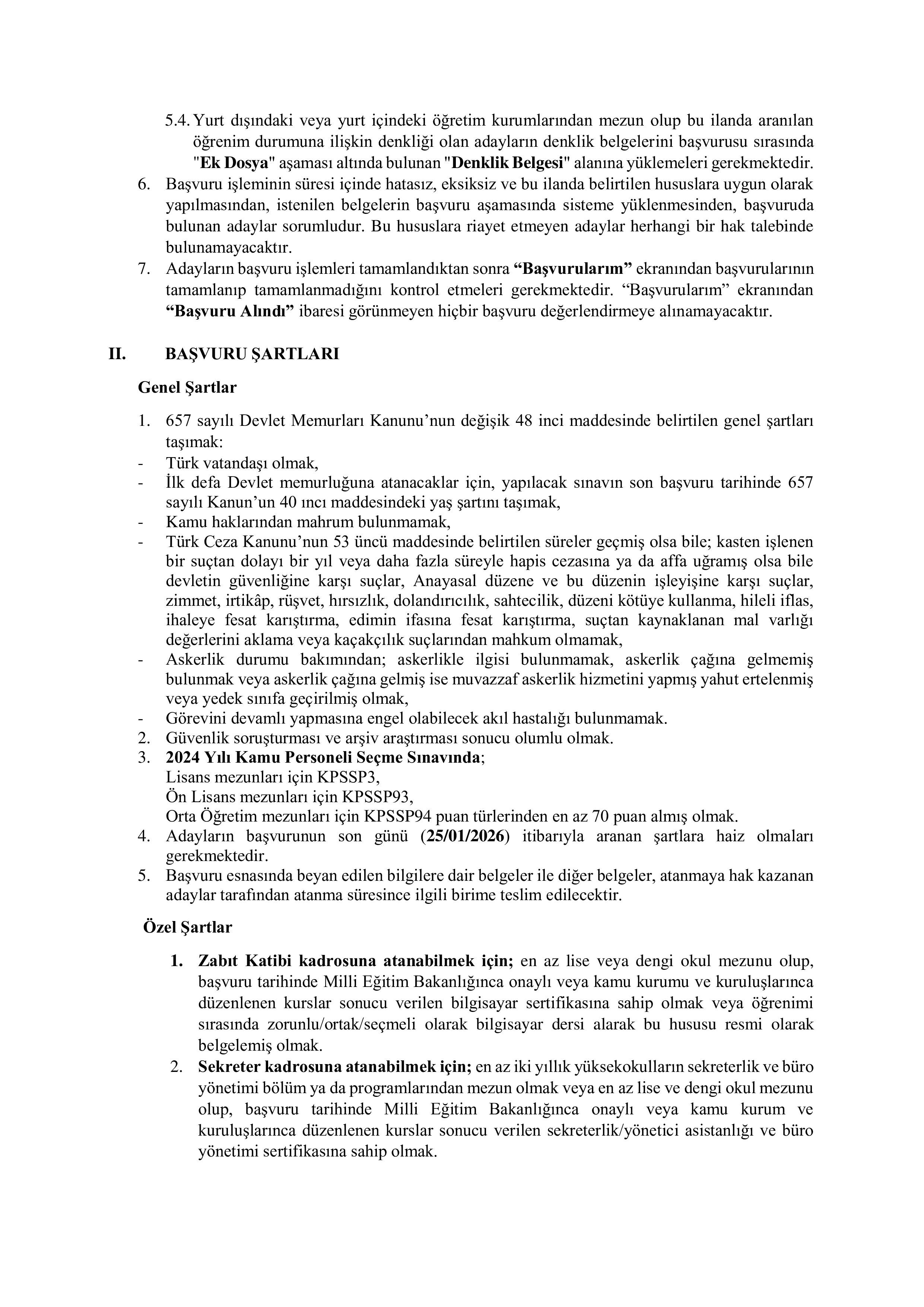 YÜKSEK SEÇİM KURULU BAŞKANLIĞI 135 MEMUR ALACAK ( 14 Ocak - 25 Ocak) İlan İçeriği Sayfa 2