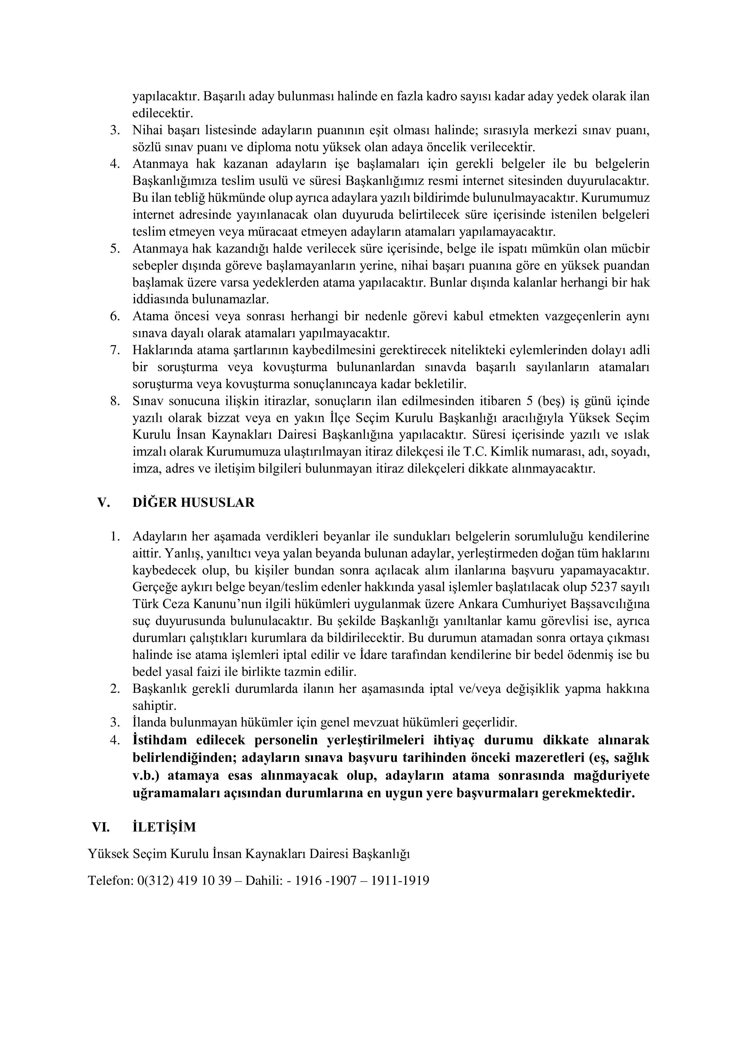 YÜKSEK SEÇİM KURULU BAŞKANLIĞI 135 MEMUR ALACAK ( 14 Ocak - 25 Ocak) İlan İçeriği Sayfa 4