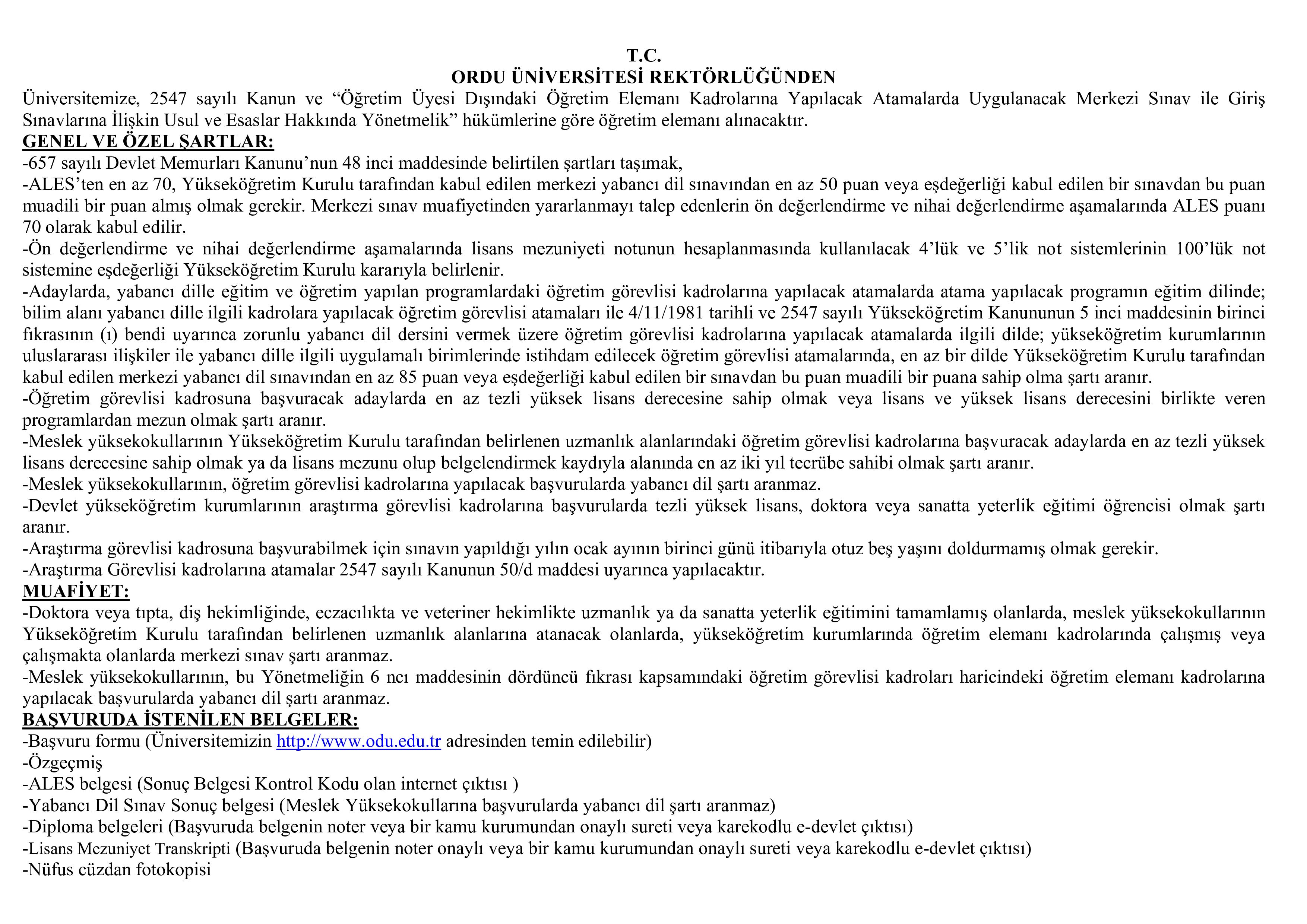 İlan İçeriği Sayfa 1 ORDU ÜNİVERSİTESİ 24 ÖĞRETİM ÜYESİ ALACAK ( 30 Ekim - 13 Kasım) İlan İçeriği Sayfa 1