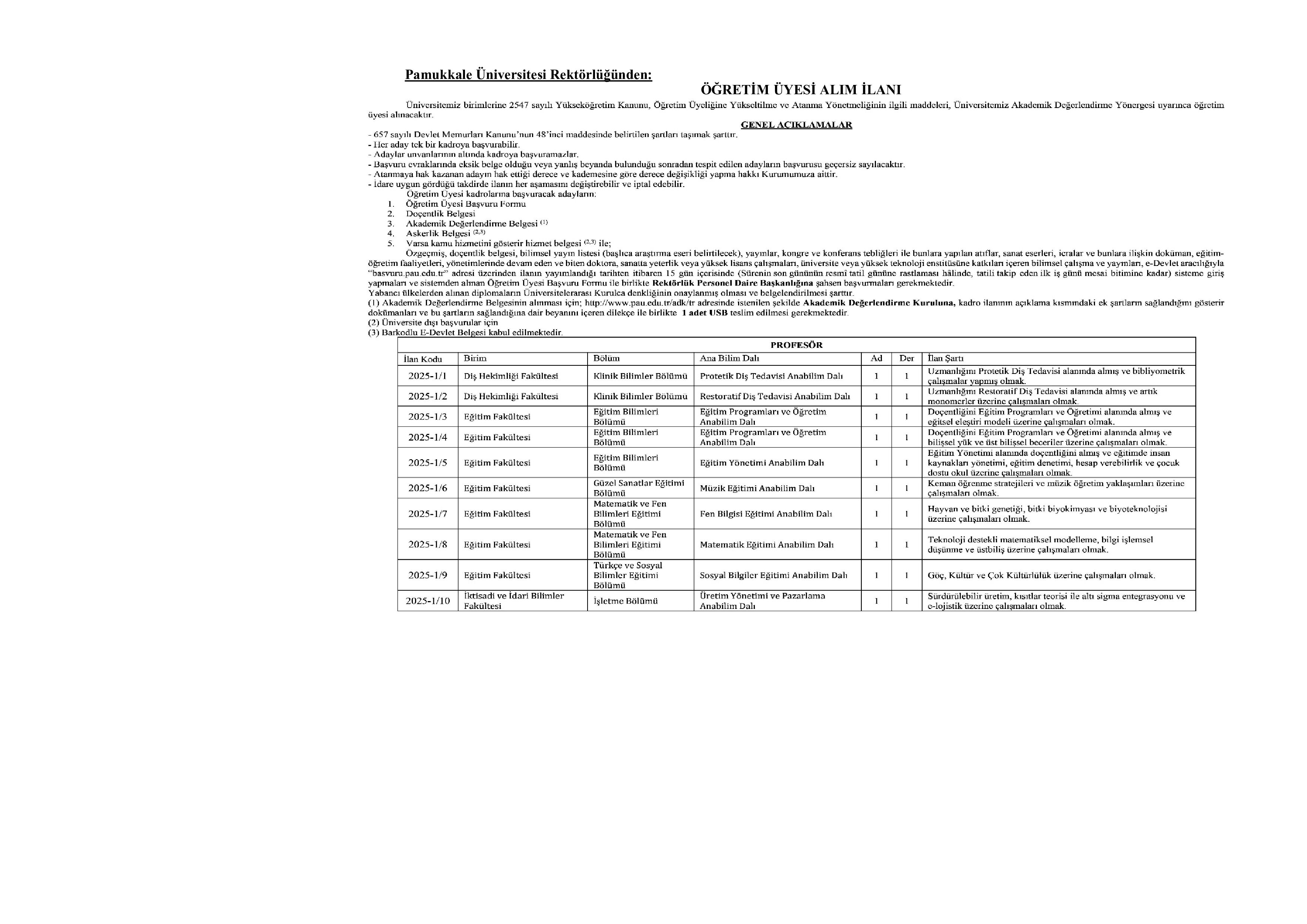 İlan İçeriği Sayfa 1 PAMUKKALE ÜNİVERSİTESİ 94 ÖĞRETİM ÜYESİ ALACAK ( 30 Ekim - 13 Kasım) İlan İçeriği Sayfa 1