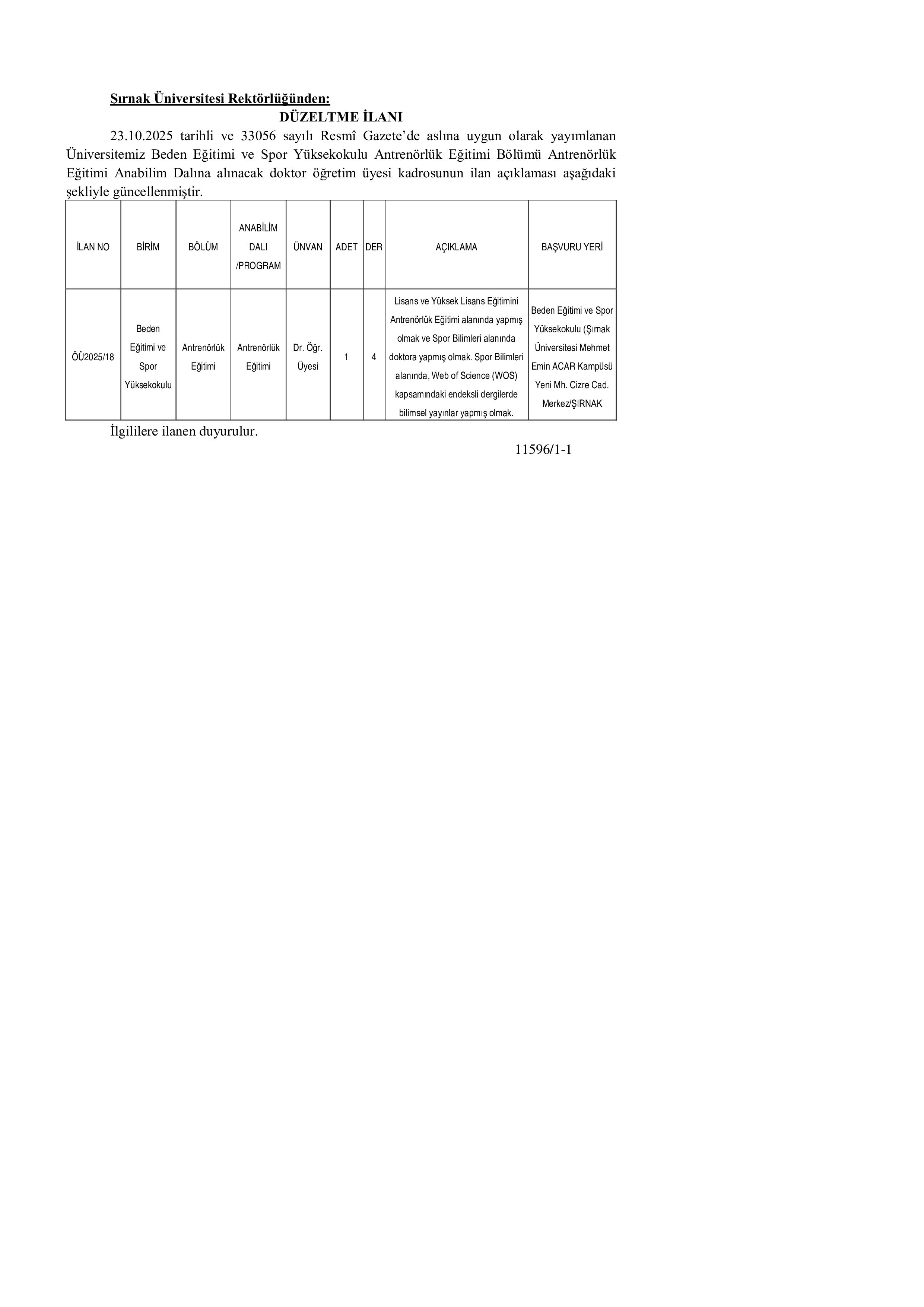 ŞIRNAK ÜNİVERSİTESİ DÜZELTME İLANI ( 30 Ekim - 6 Kasım) İlan İçeriği Sayfa 1