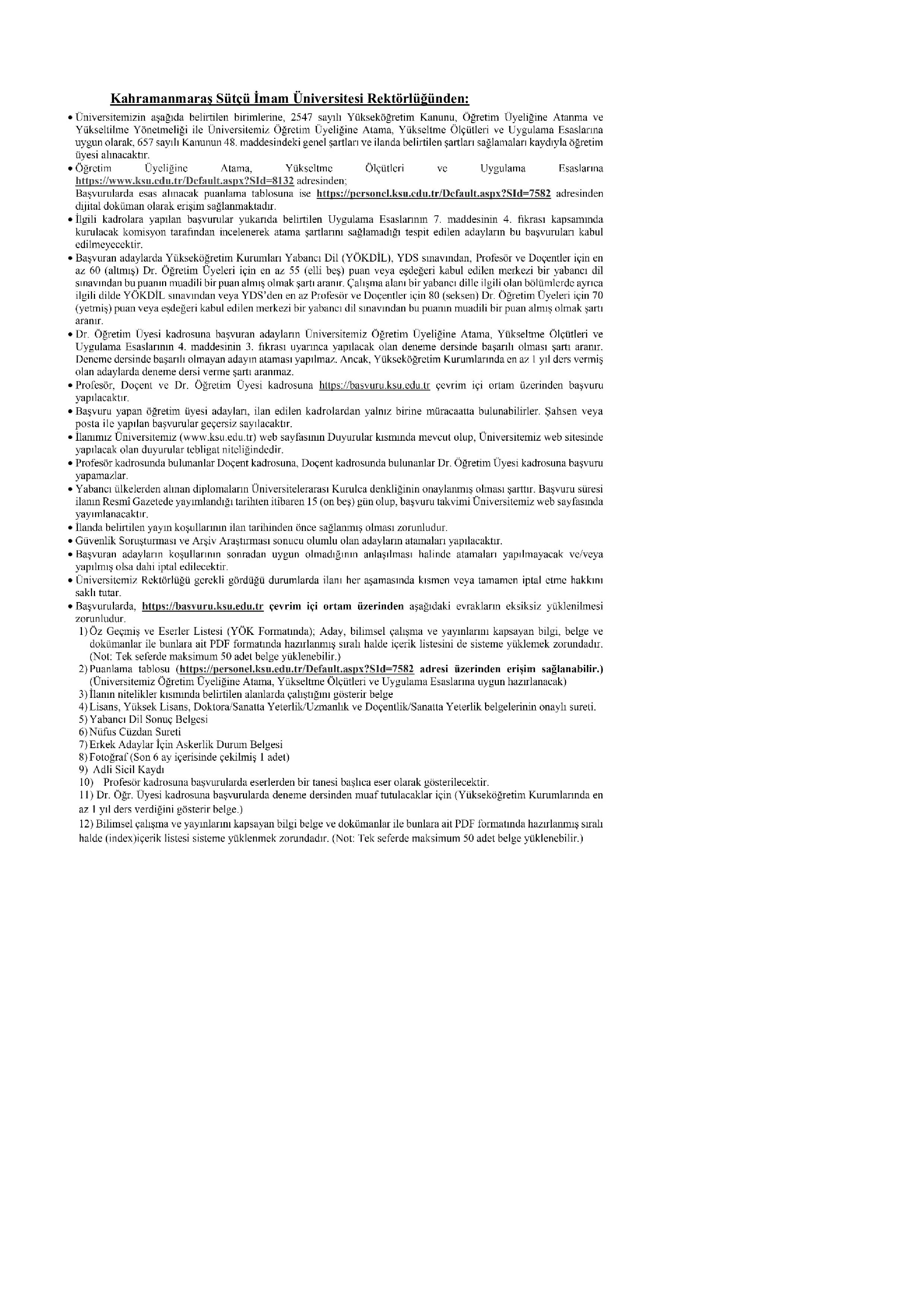KAHRAMANMARAŞ SÜTÇÜ İMAM ÜNİVERSİTESİ 57 ÖĞRETİM ÜYESİ ALACAK ( 30 Haziran - 14 Temmuz) İlan İçeriği Sayfa 1