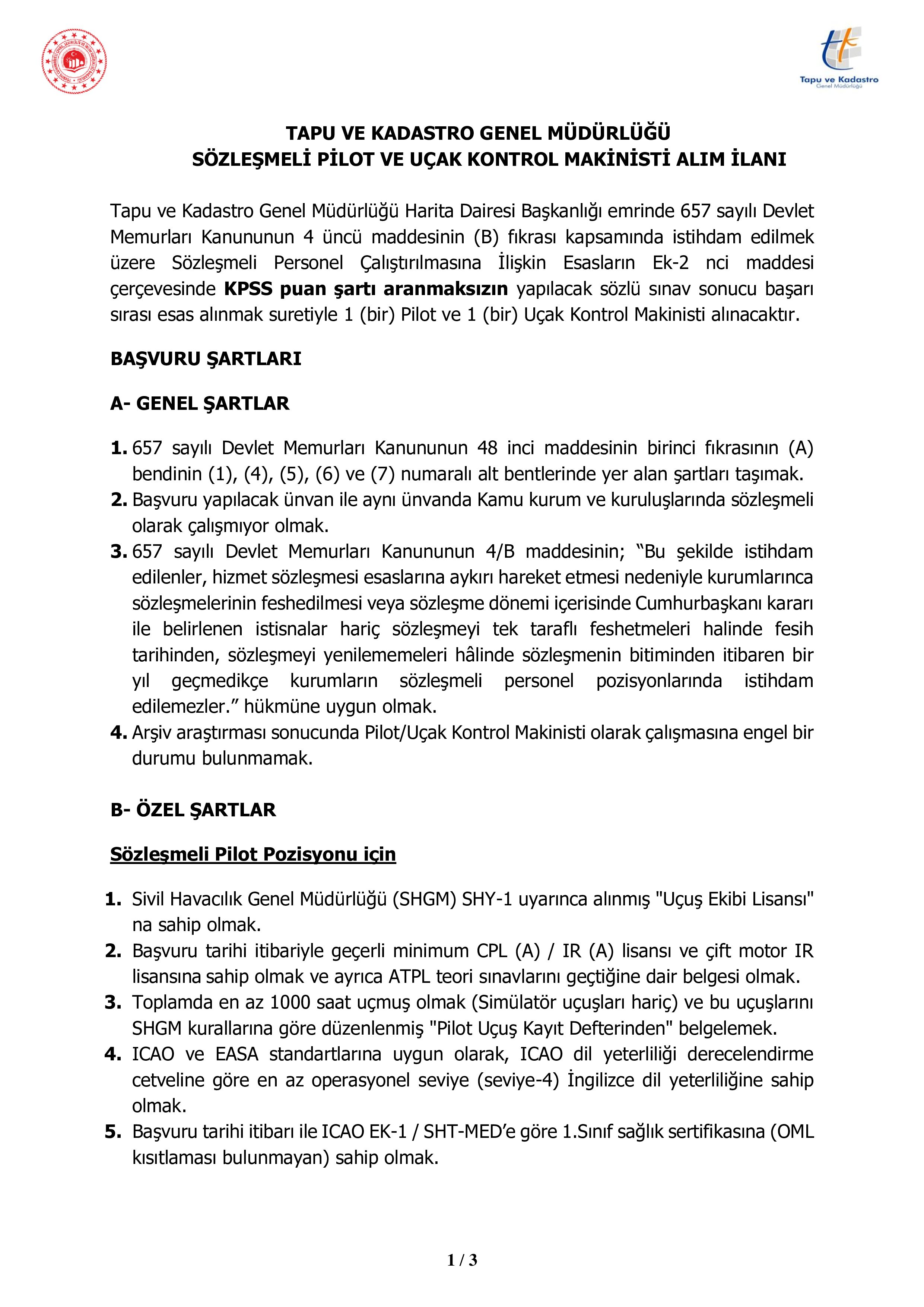 TAPU VE KADASTRO GENEL MÜDÜRLÜĞÜ 2 SÖZLEŞMELİ PERSONEL ALACAK ( 13 Temmuz - 20 Temmuz) İlan İçeriği Sayfa 1
