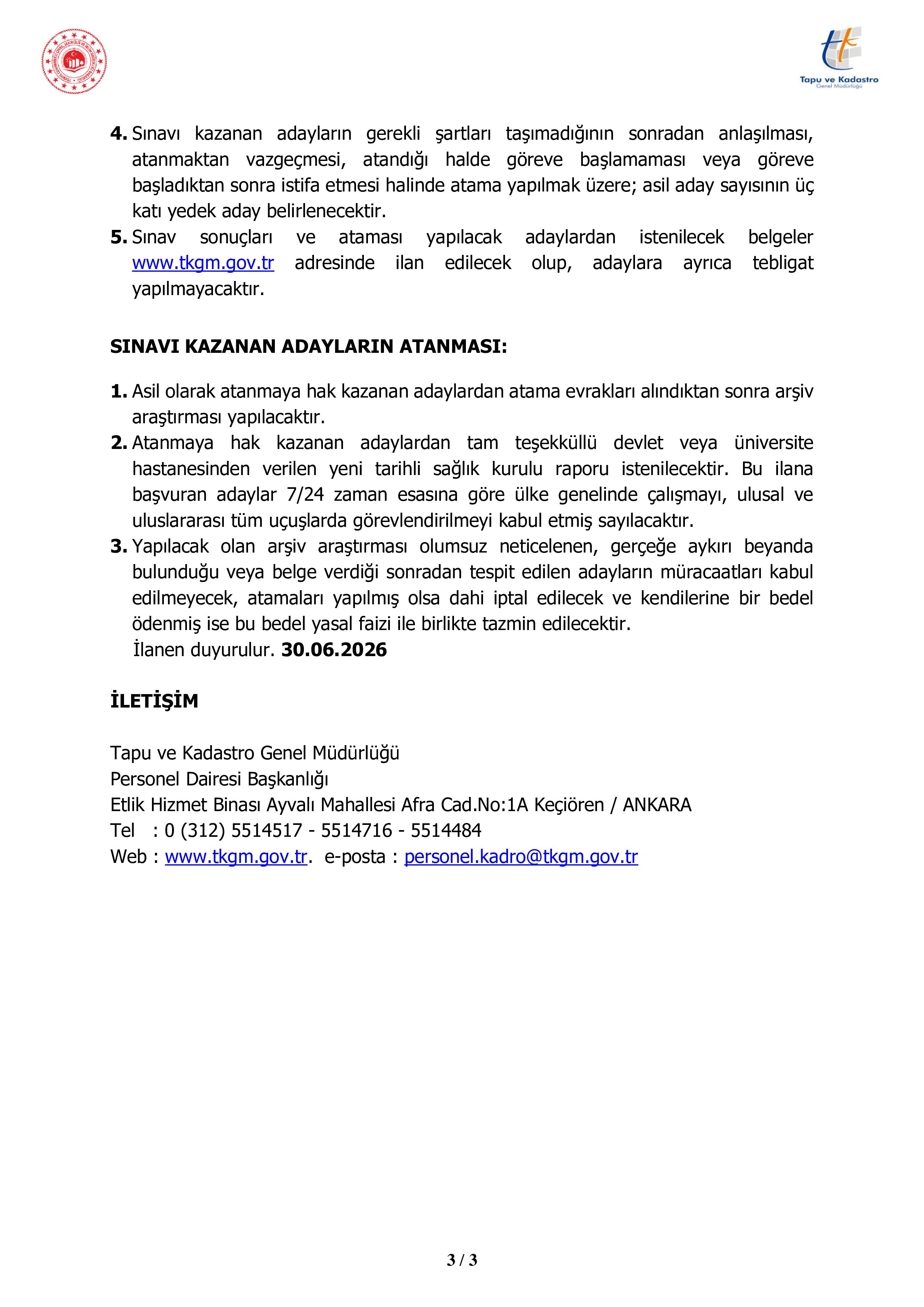 TAPU VE KADASTRO GENEL MÜDÜRLÜĞÜ 2 SÖZLEŞMELİ PERSONEL ALACAK ( 13 Temmuz - 20 Temmuz) İlan İçeriği Sayfa 3