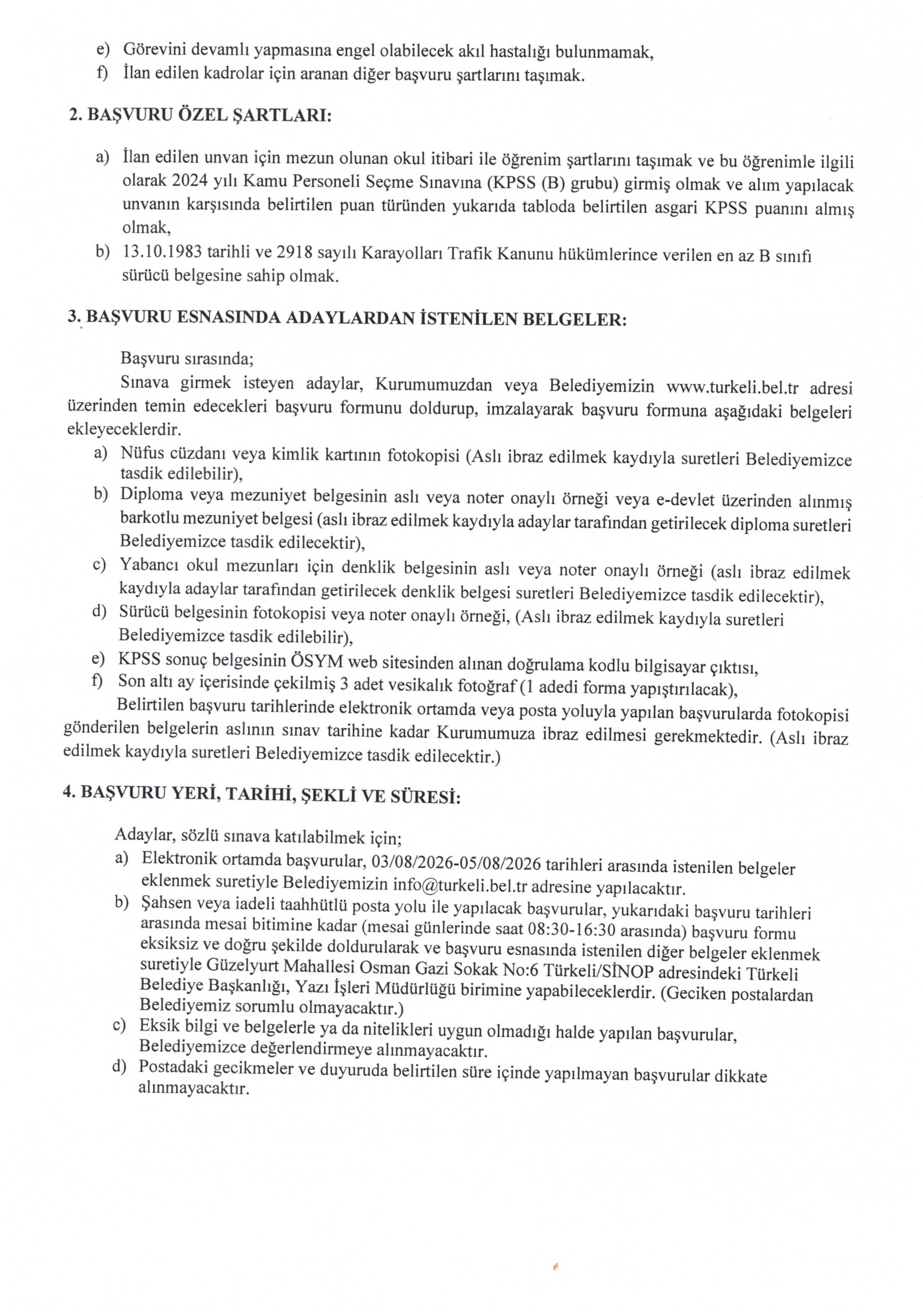 TÜRKELİ BELEDİYE BAŞKANLIĞI 1 MÜHENDİS ALACAK ( 3 Ağustos - 5 Ağustos) İlan İçeriği Sayfa 2