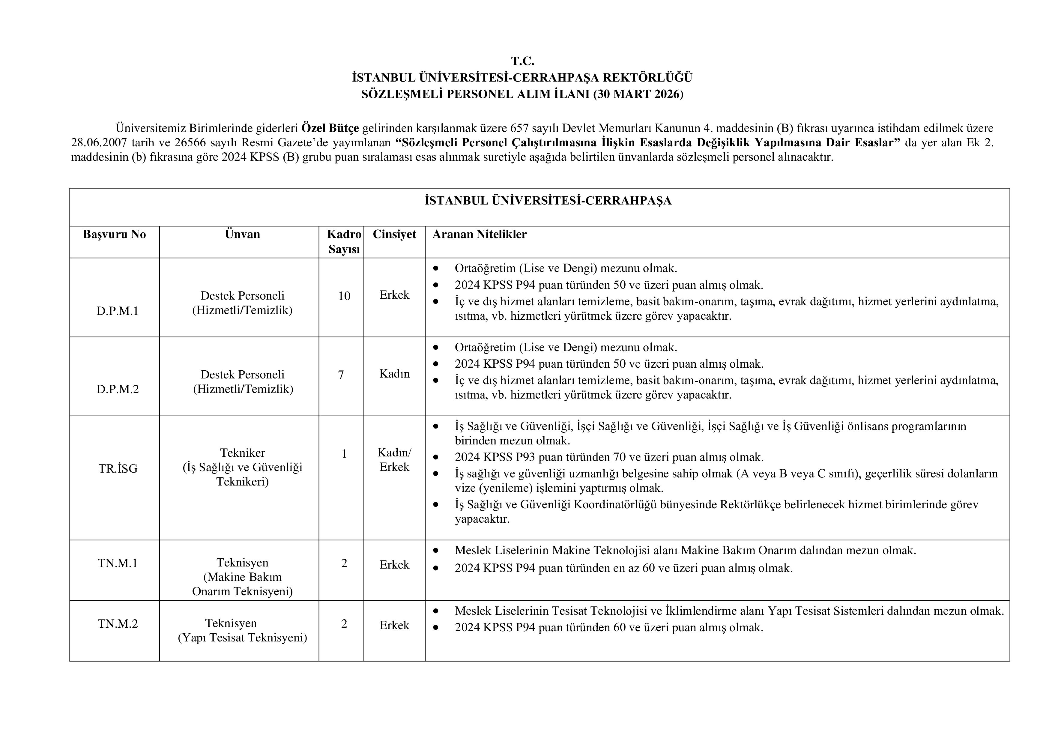 İSTANBUL ÜNİVERSİTESİ-CERRAHPAŞA 73 ADET SÖZLEŞMELİ PERSONEL ALACAK ( 30 Mart - 13 Nisan) İlan İçeriği Sayfa 1