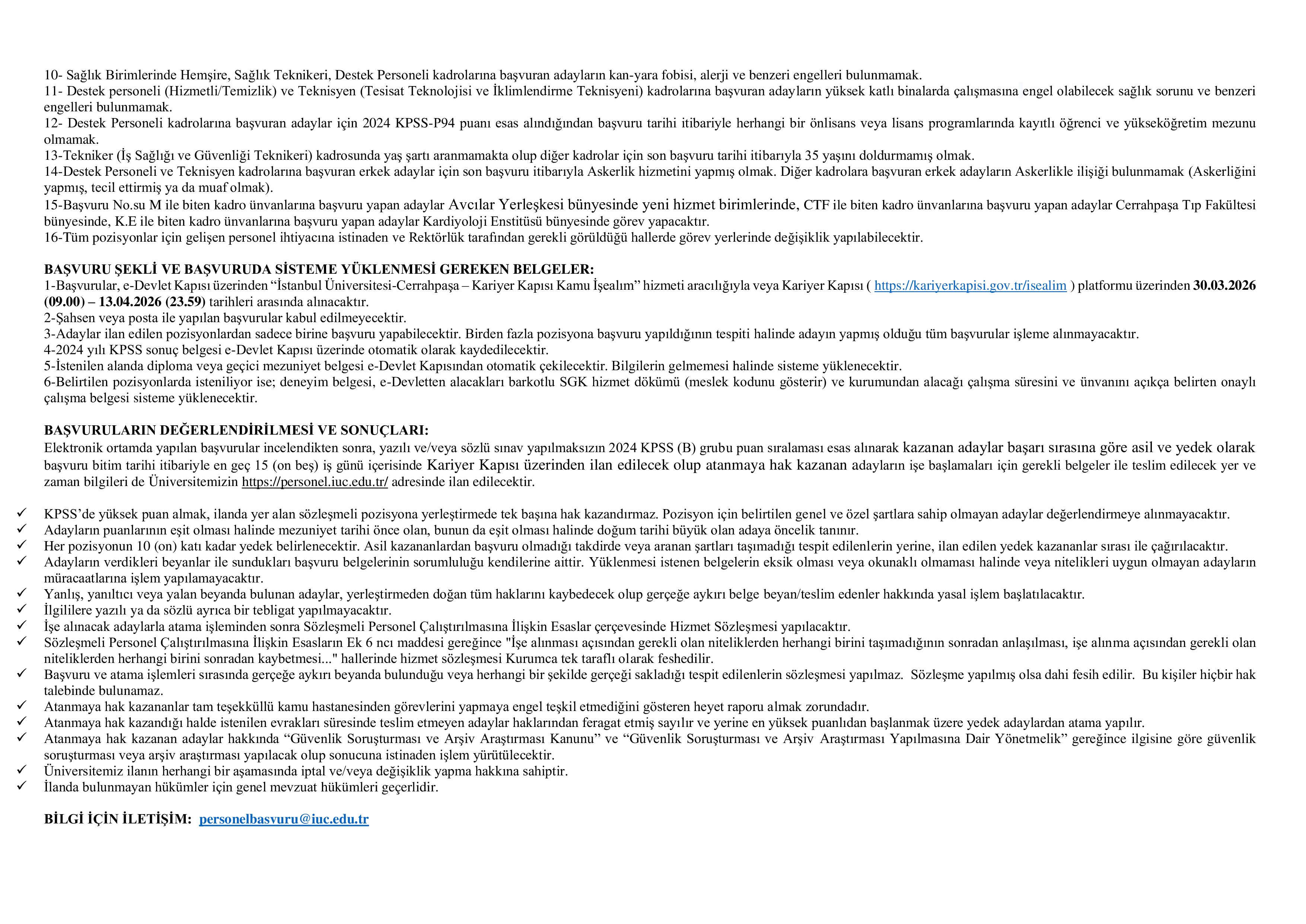 İSTANBUL ÜNİVERSİTESİ-CERRAHPAŞA 73 ADET SÖZLEŞMELİ PERSONEL ALACAK ( 30 Mart - 13 Nisan) İlan İçeriği Sayfa 4