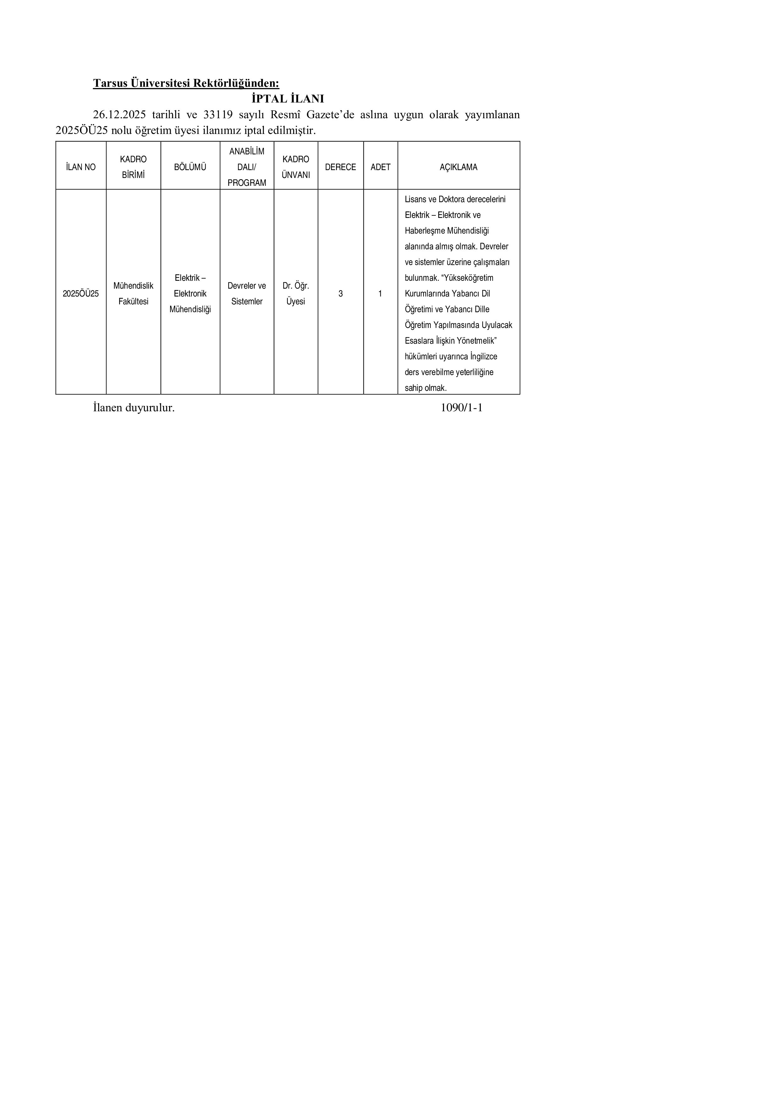 TARSUS ÜNİVERSİTESİ İPTAL İLANI ( 30 Ocak - 15 Şubat) İlan İçeriği Sayfa 1