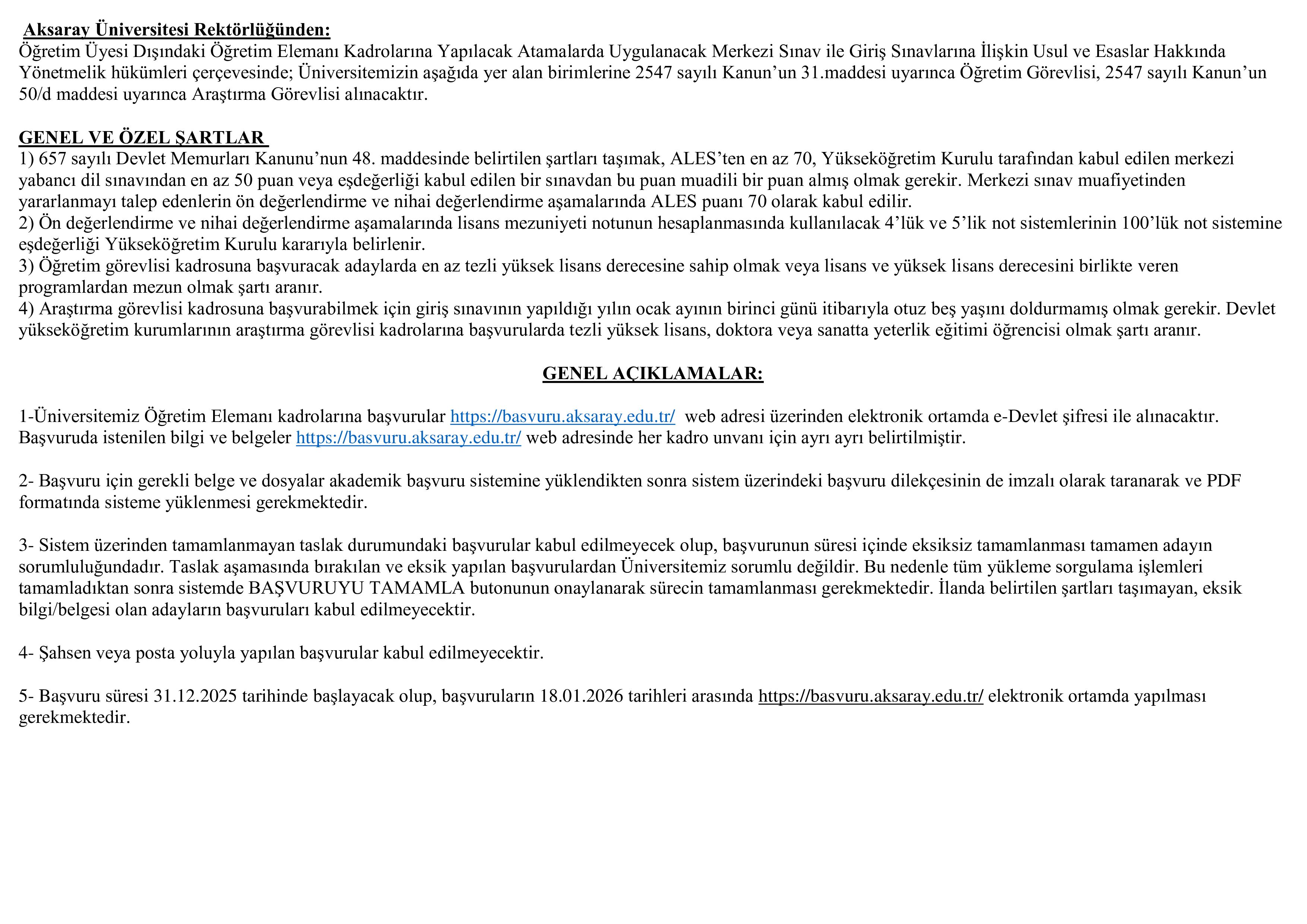 AKSARAY ÜNİVERSİTESİ 6 ÖĞRETİM ELEMANI ALACAK ( 31 Aralık - 18 Ocak) İlan İçeriği Sayfa 1