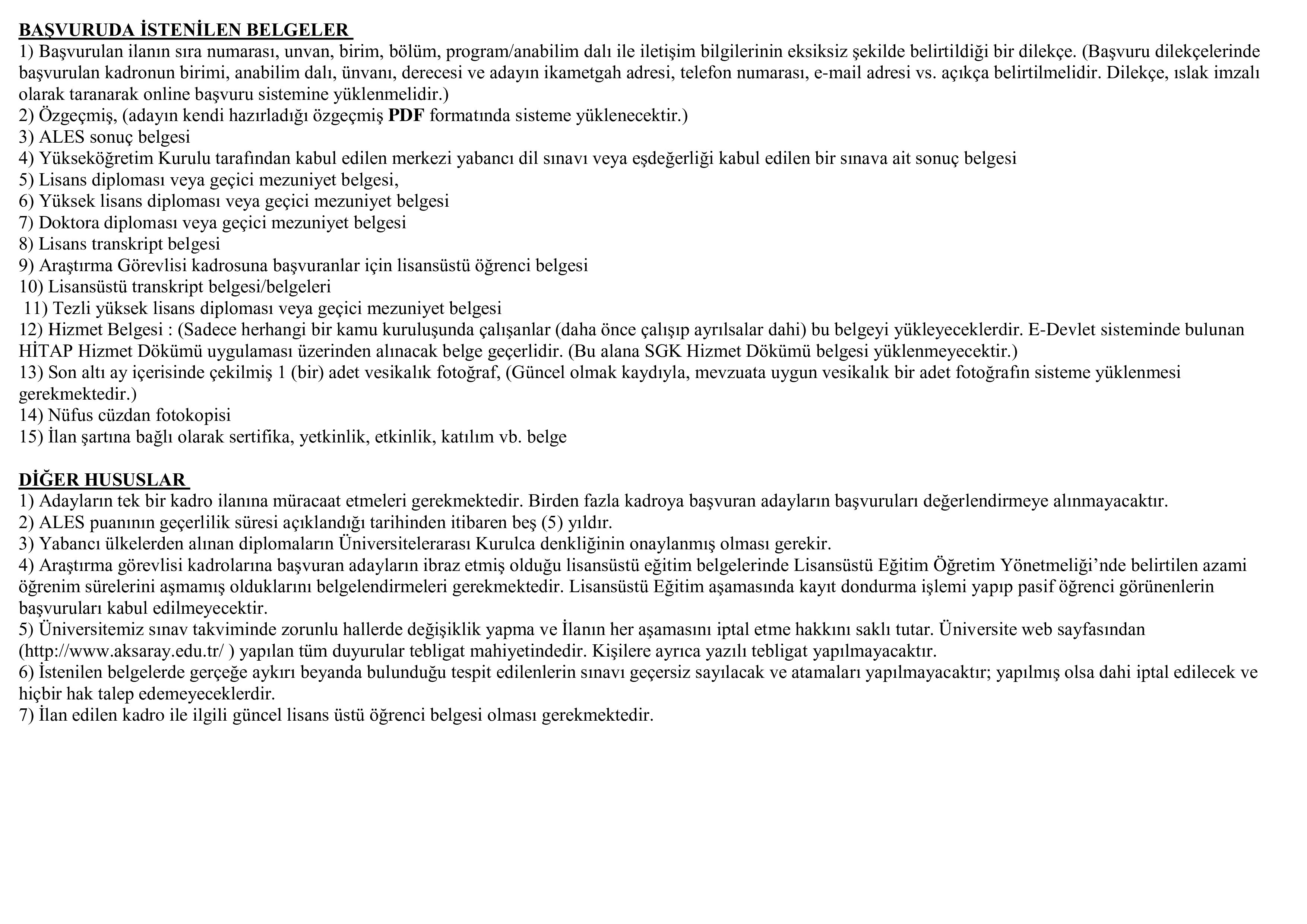 AKSARAY ÜNİVERSİTESİ 6 ÖĞRETİM ELEMANI ALACAK ( 31 Aralık - 18 Ocak) İlan İçeriği Sayfa 2