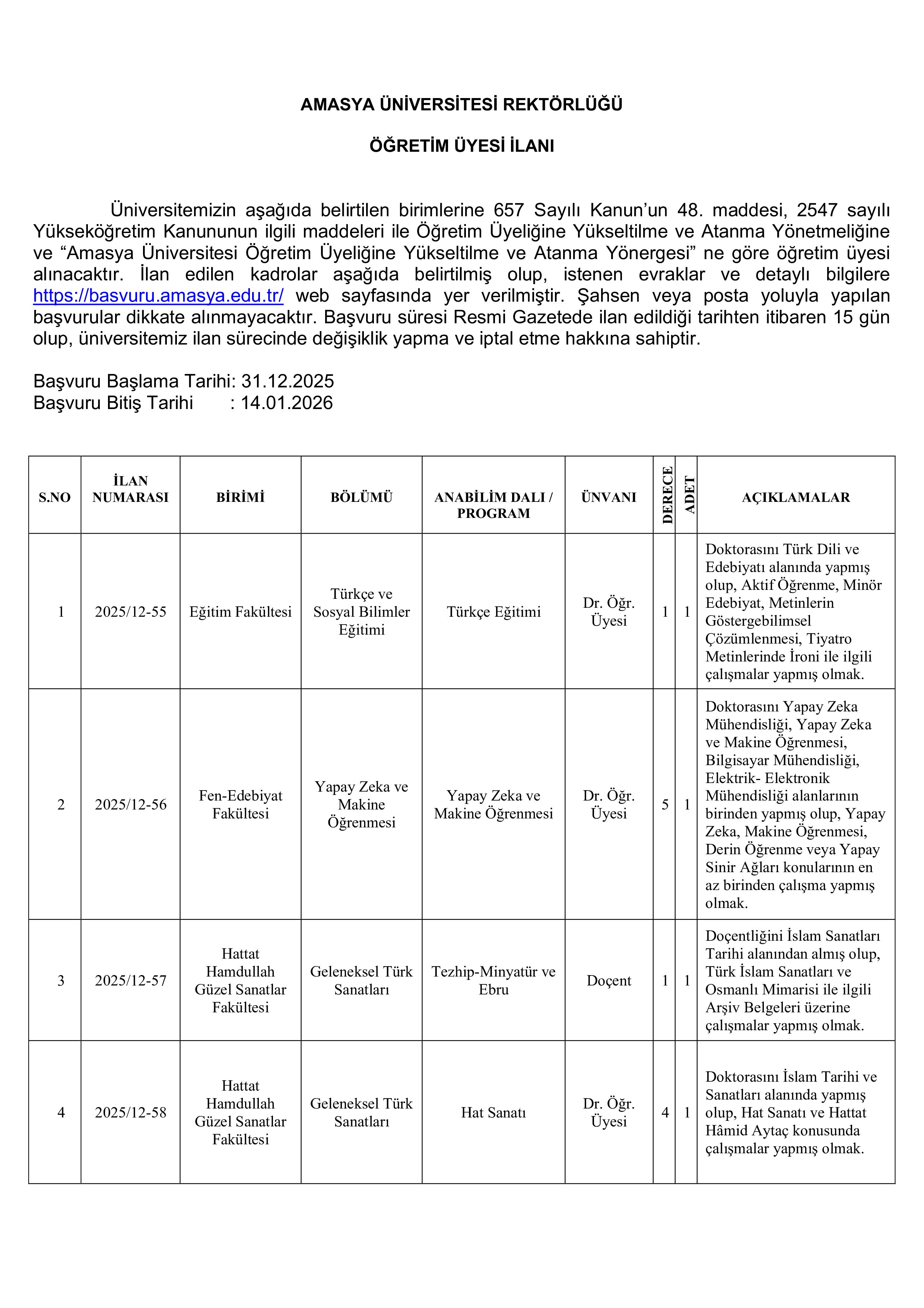 İlan İçeriği Sayfa 1 AMASYA ÜNİVERSİTESİ 5 ÖĞRETİM ELEMANI ALACAK ( 31 Aralık - 14 Ocak) İlan İçeriği Sayfa 1