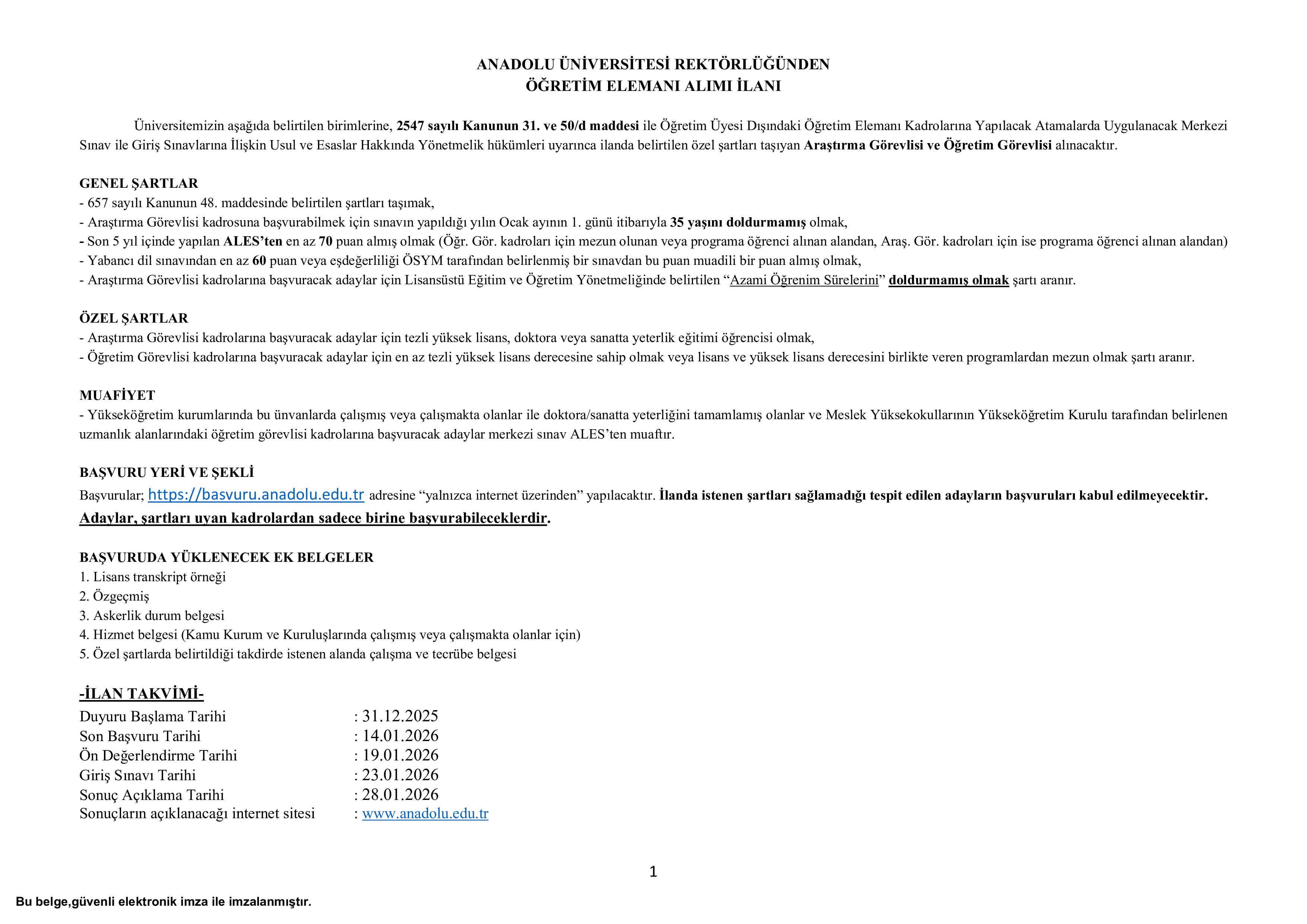 ANADOLU ÜNİVERSİTESİ 11 ÖĞRETİM ELEMANI ALACAK ( 31 Aralık - 14 Ocak) İlan İçeriği Sayfa 2