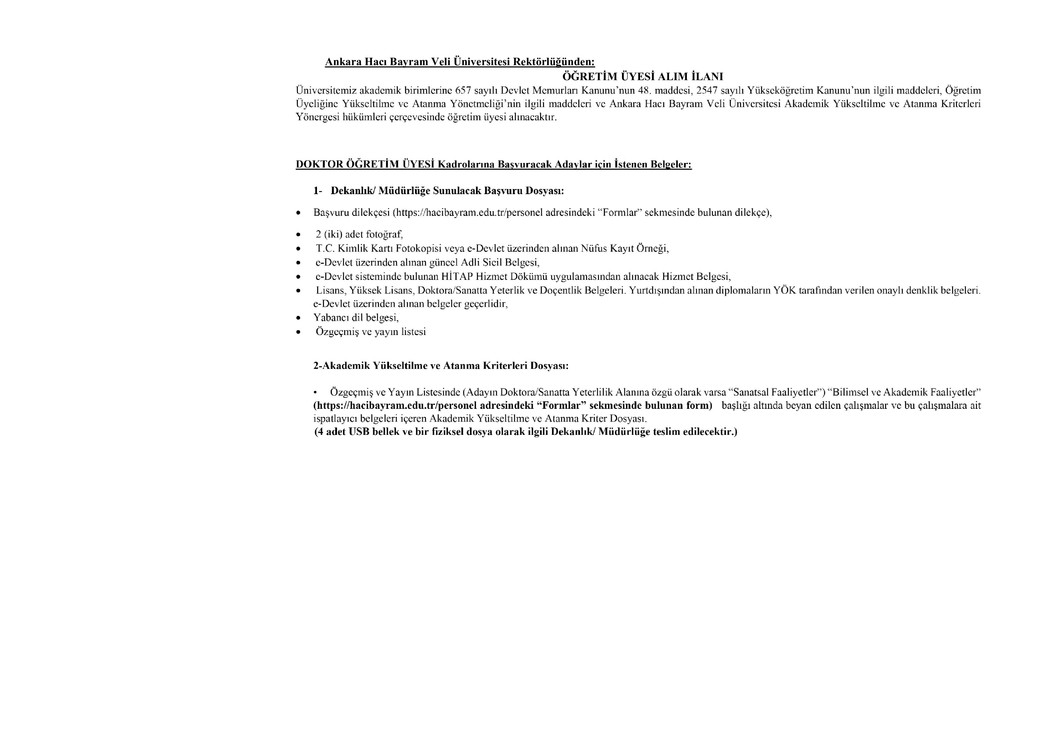ANKARA HACI BAYRAM VELİ ÜNİVERSİTESİ 1 ÖĞRETİM ÜYESİ ALACAK ( 31 Aralık - 14 Ocak) İlan İçeriği Sayfa 1