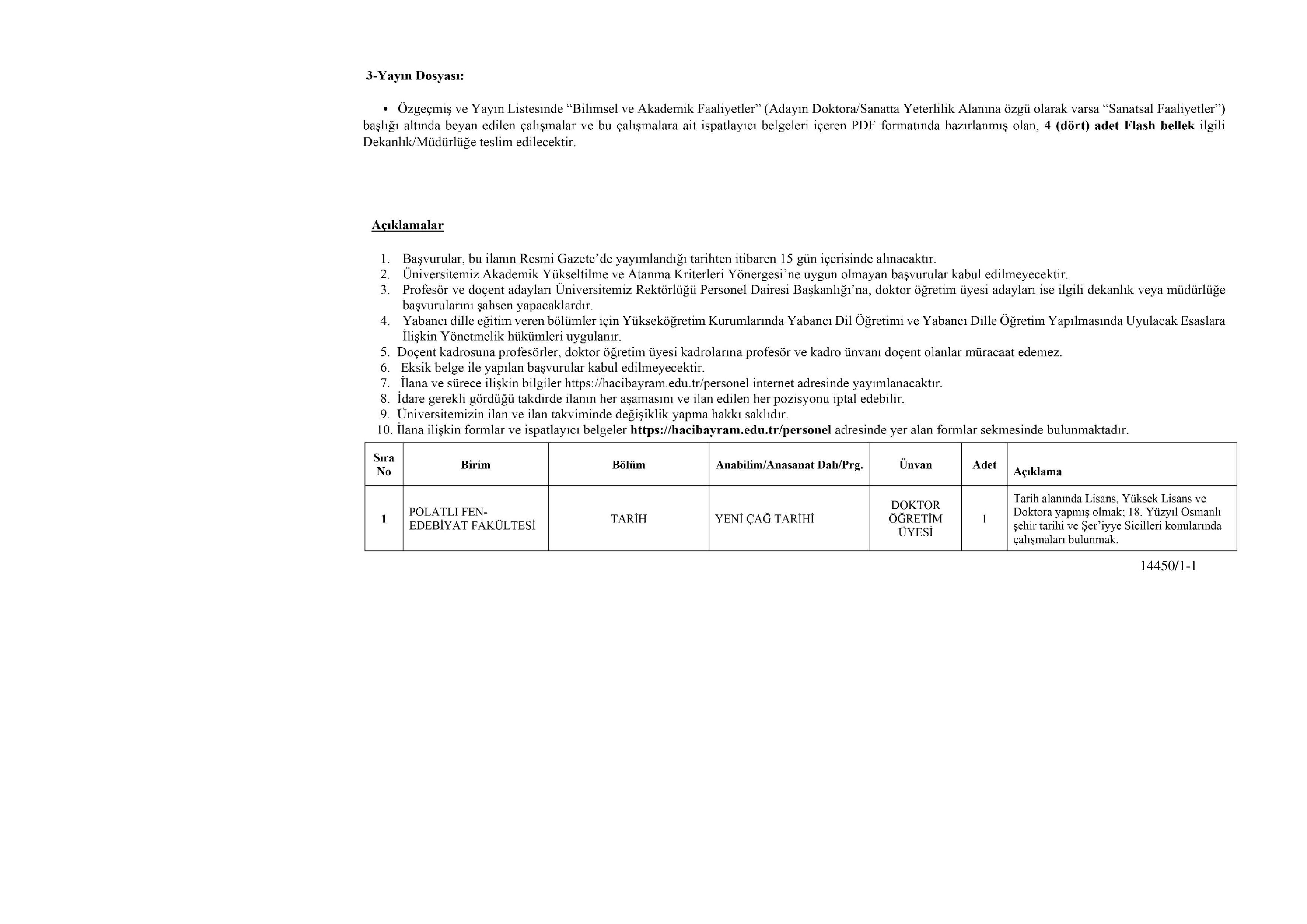 ANKARA HACI BAYRAM VELİ ÜNİVERSİTESİ 1 ÖĞRETİM ÜYESİ ALACAK ( 31 Aralık - 14 Ocak) İlan İçeriği Sayfa 2