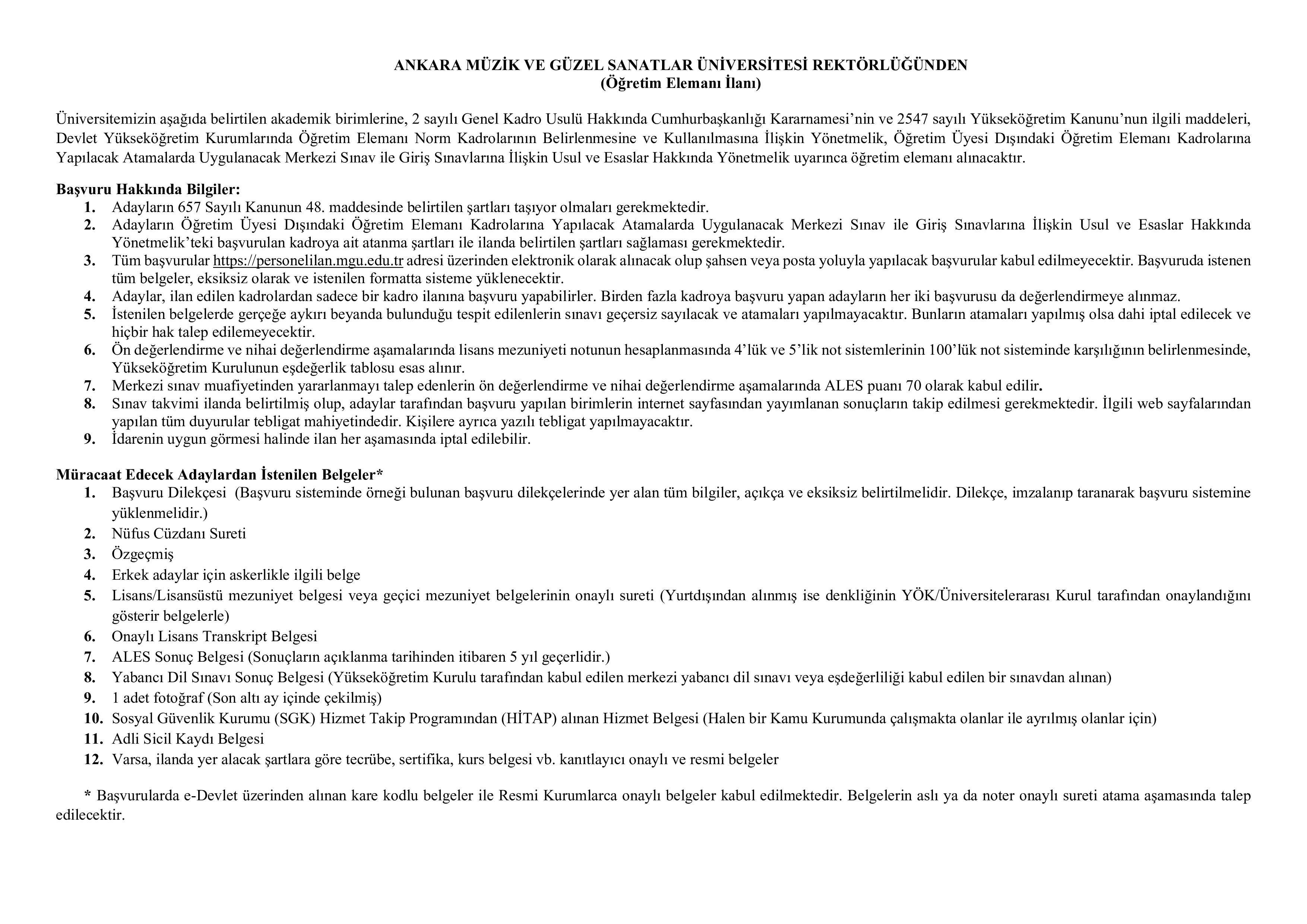 ANKARA MÜZİK VE GÜZEL SANATLAR ÜNİVERSİTESİ 10 ÖĞRETİM ÜYESİ ALACAK ( 31 Aralık - 14 Ocak) İlan İçeriği Sayfa 1