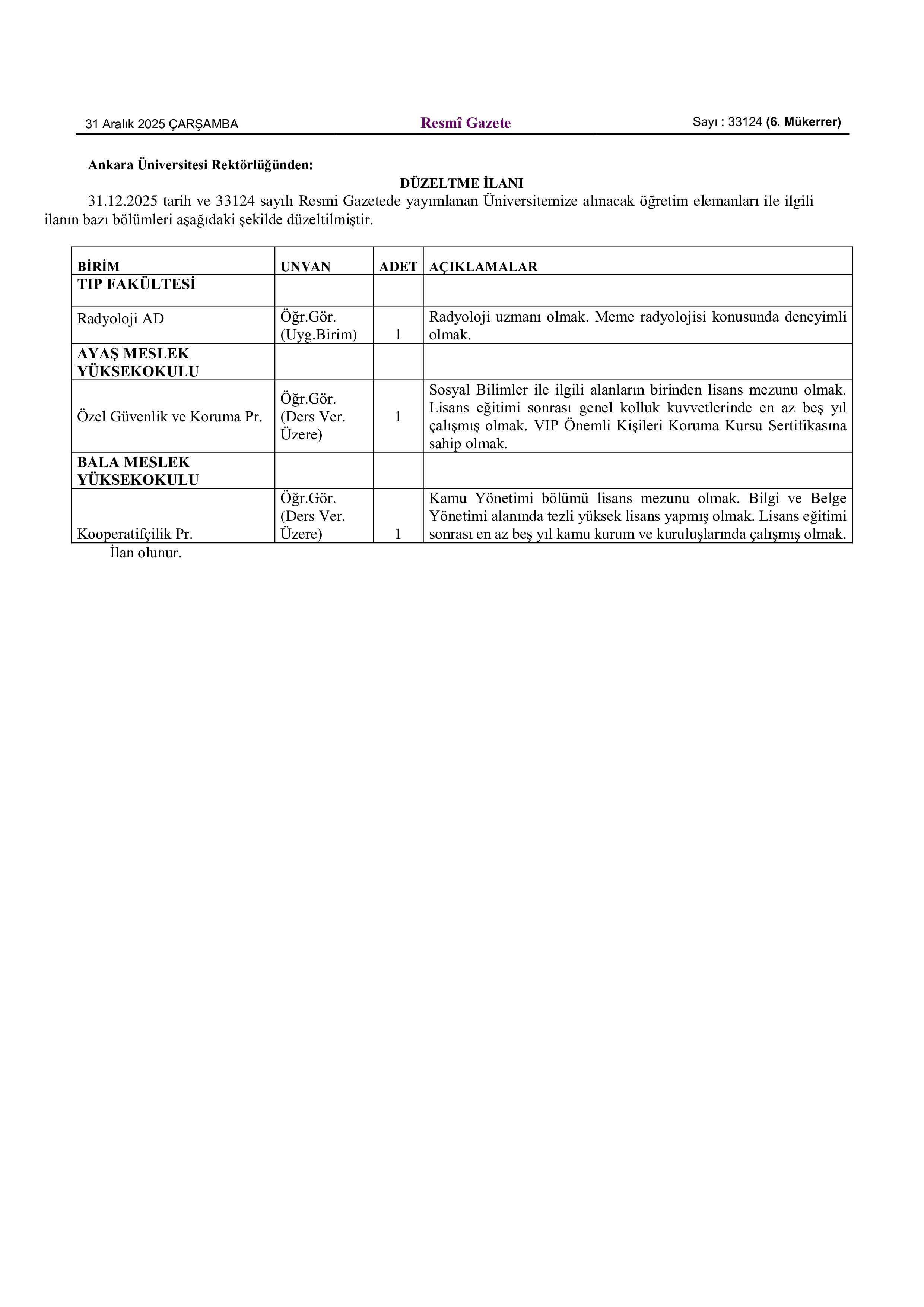 ANKARA ÜNİVERSİTESİ 46 ÖĞRETİM ÜYESİ ALACAK ( 31 Aralık - 16 Ocak) İlan İçeriği Sayfa 1