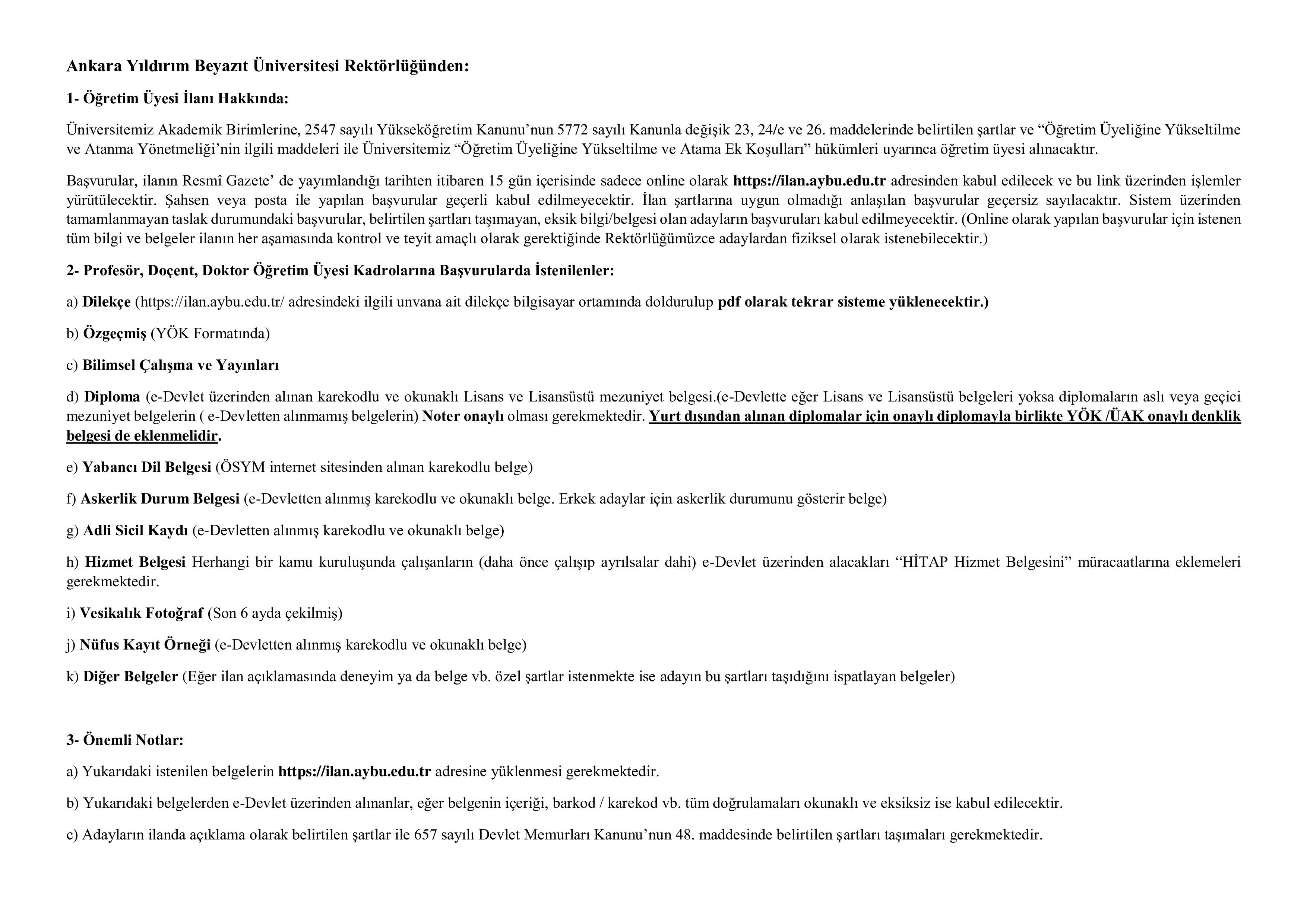ANKARA YILDIRIM BEYAZIT ÜNİVERSİTESİ 64 ÖĞRETİM ELEMANI ALACAK ( 31 Aralık - 14 Ocak) İlan İçeriği Sayfa 1