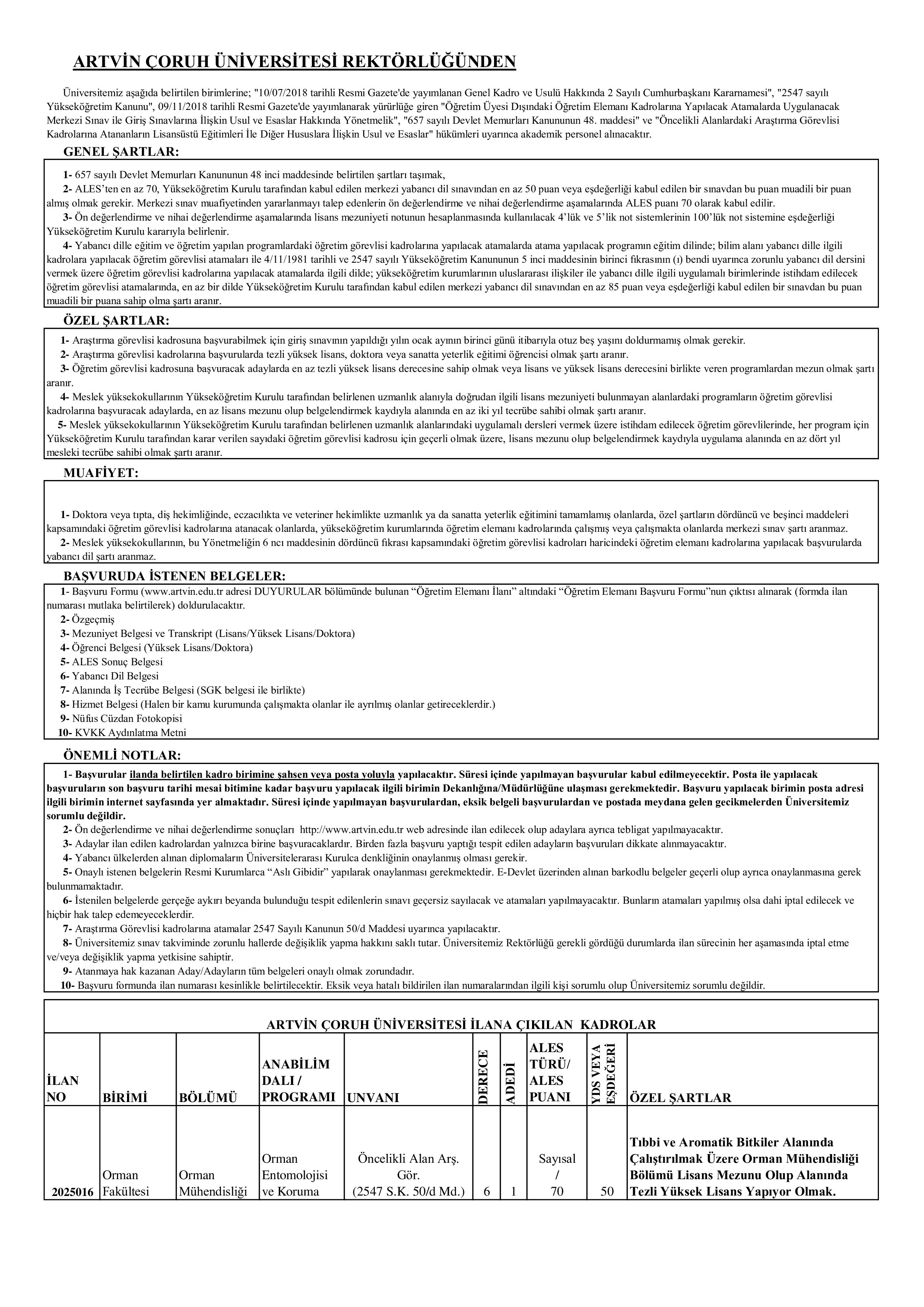 ARTVİN ÇORUH ÜNİVERSİTESİ 2 ALACAK ( 31 Aralık - 14 Ocak) İlan İçeriği Sayfa 1