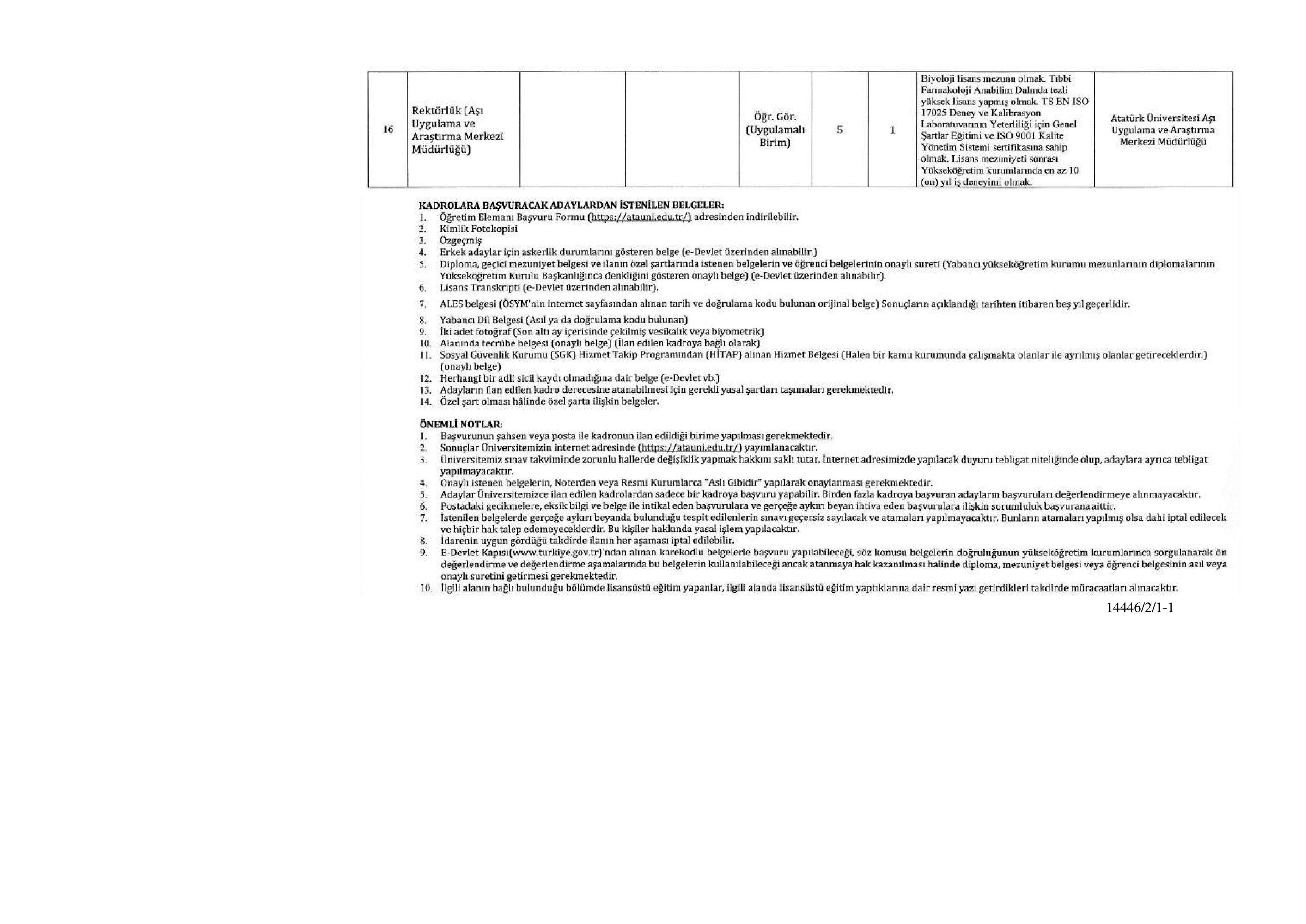 ATATÜRK ÜNİVERSİTESİ 79 ÖĞRETİM ELEMANI ALACAK ( 31 Aralık - 14 Ocak) İlan İçeriği Sayfa 11