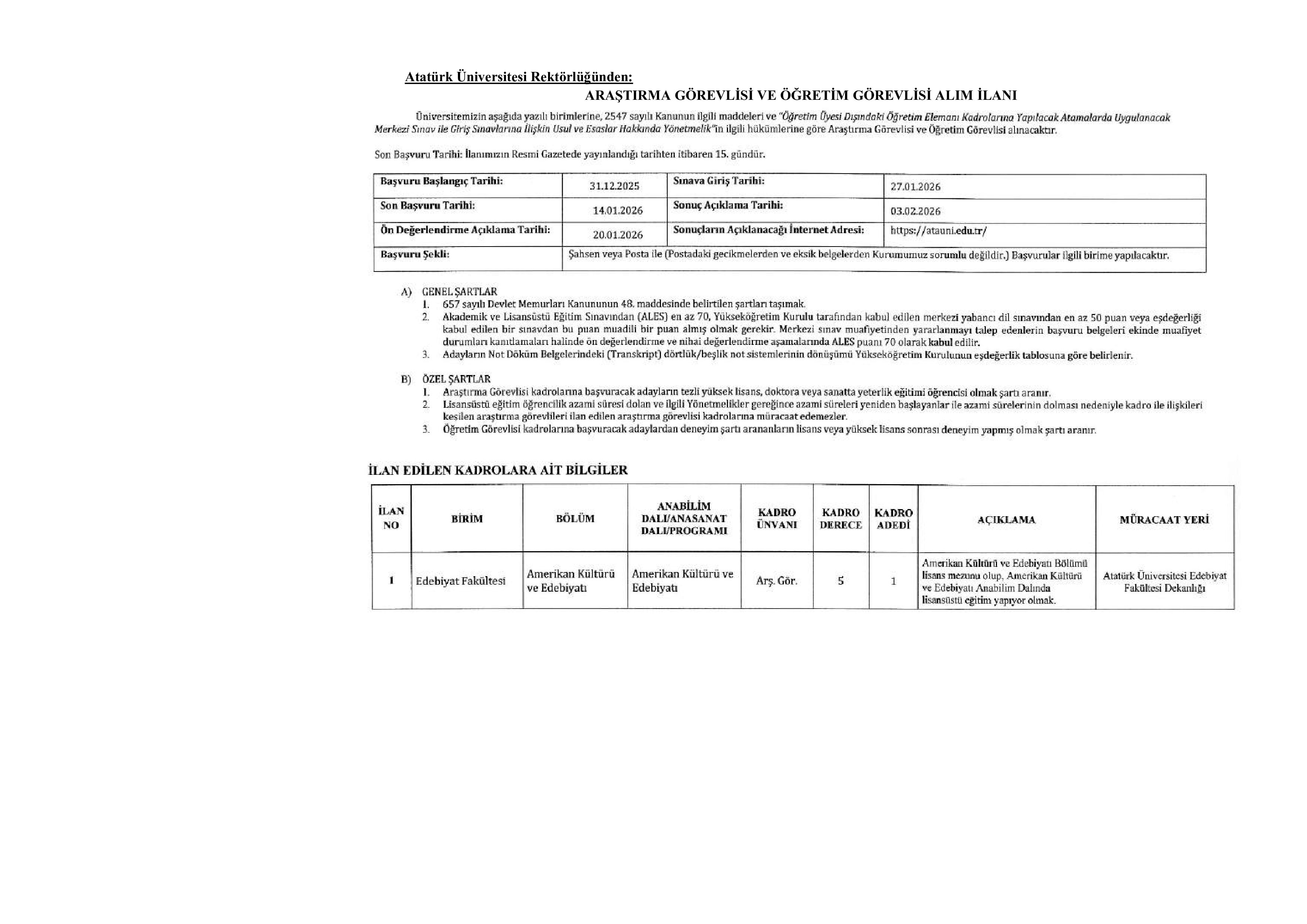ATATÜRK ÜNİVERSİTESİ 79 ÖĞRETİM ELEMANI ALACAK ( 31 Aralık - 14 Ocak) İlan İçeriği Sayfa 8