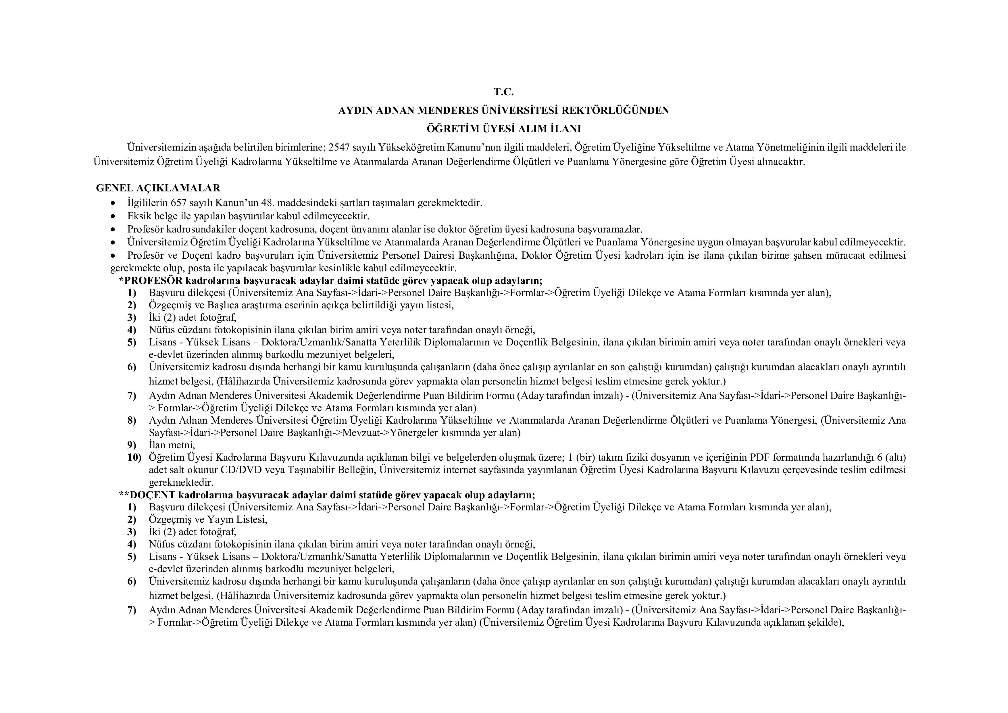 AYDIN ADNAN MENDERES ÜNİVERSİTESİ 143  ALACAK ( 31 Aralık - 15 Ocak) İlan İçeriği Sayfa 1